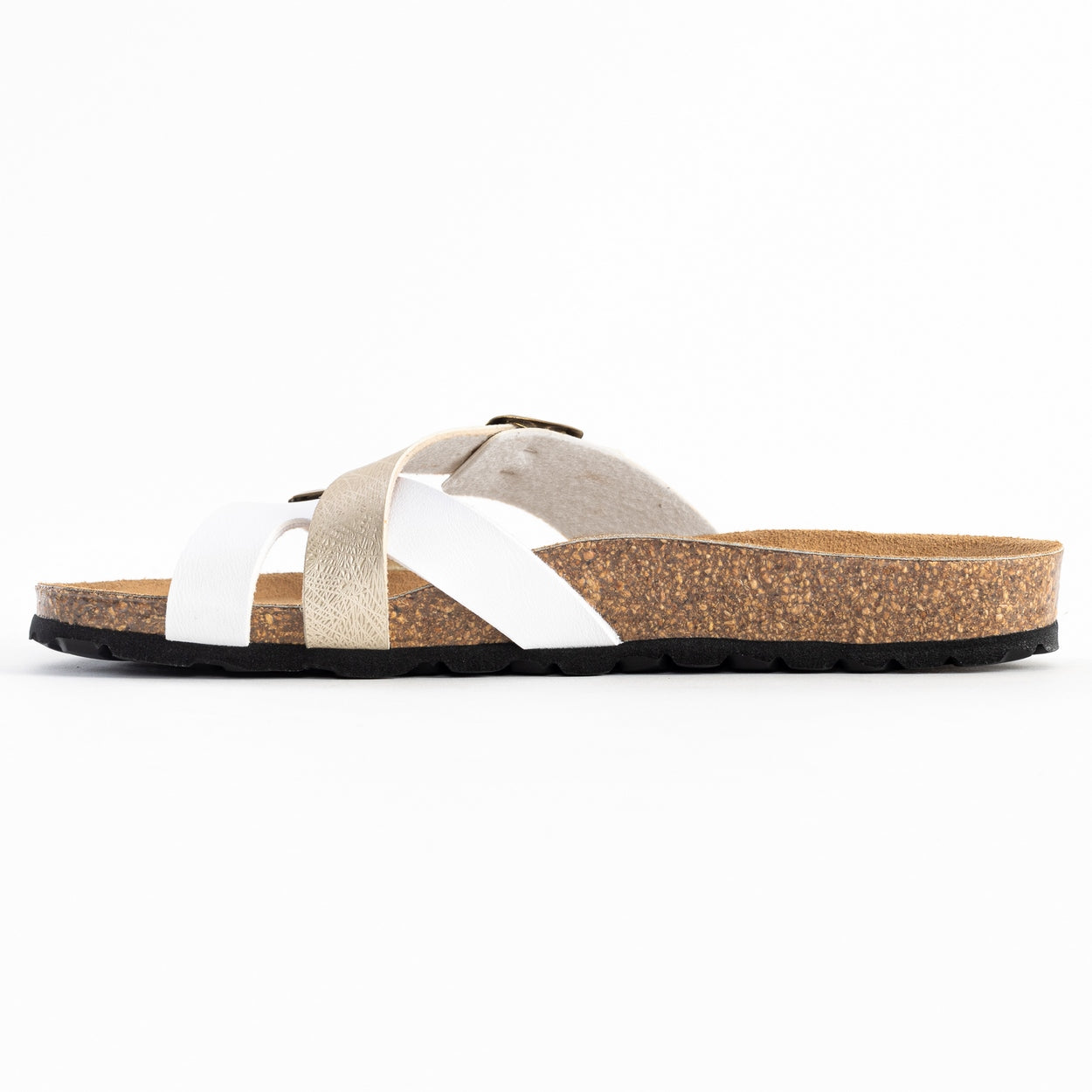 Sandalias Cleo de 2 tiras en blanco y dorado