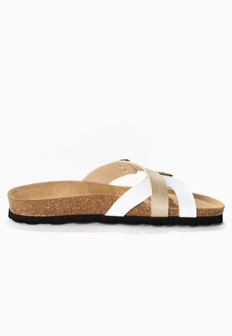 Cleo White and Gold 2-Strap Sandals