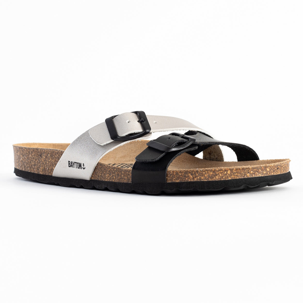 Cleo Black and Silver 2-Strap Sandals