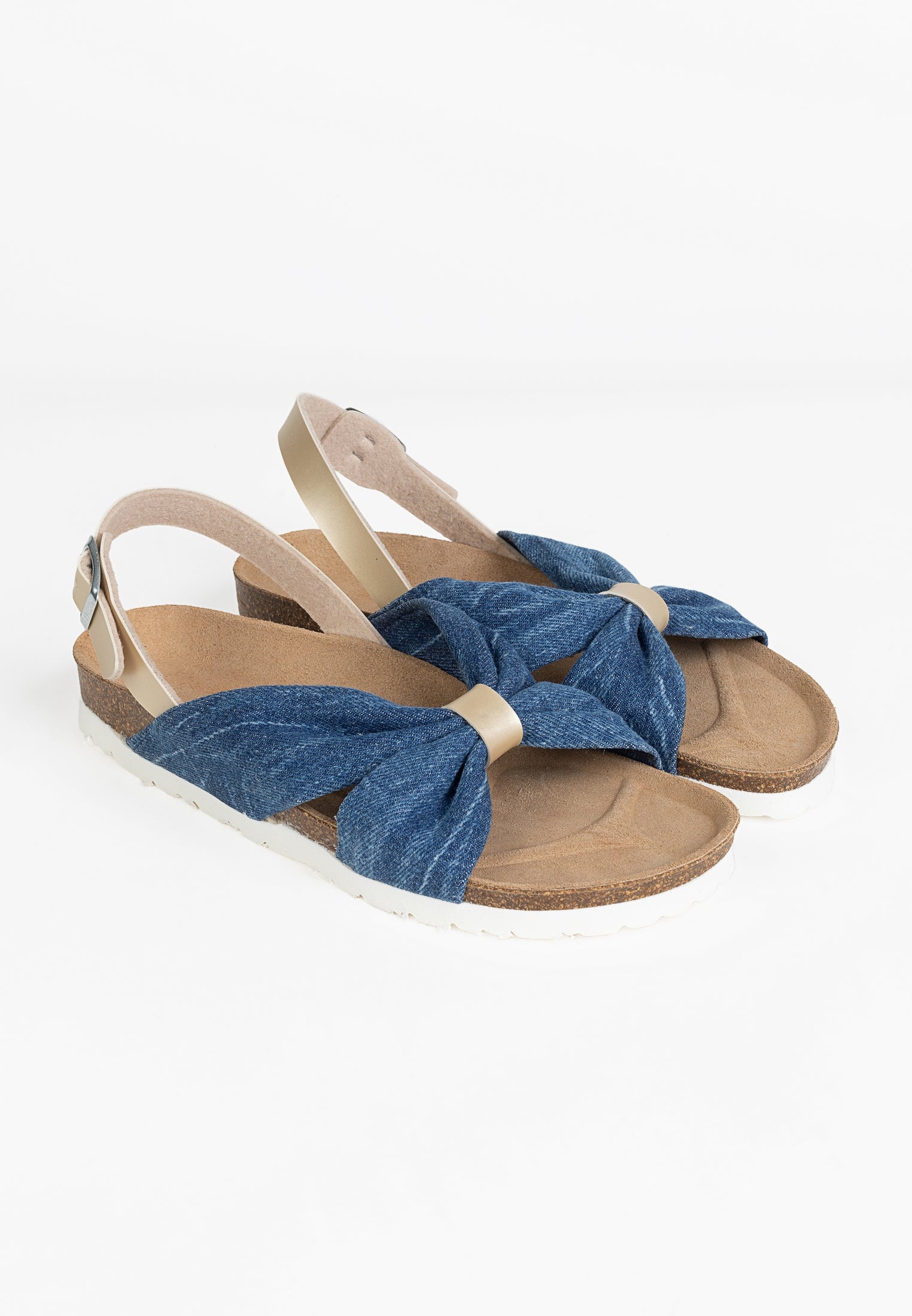 Frutti sandalias multitiras en denim azul y dorado claro