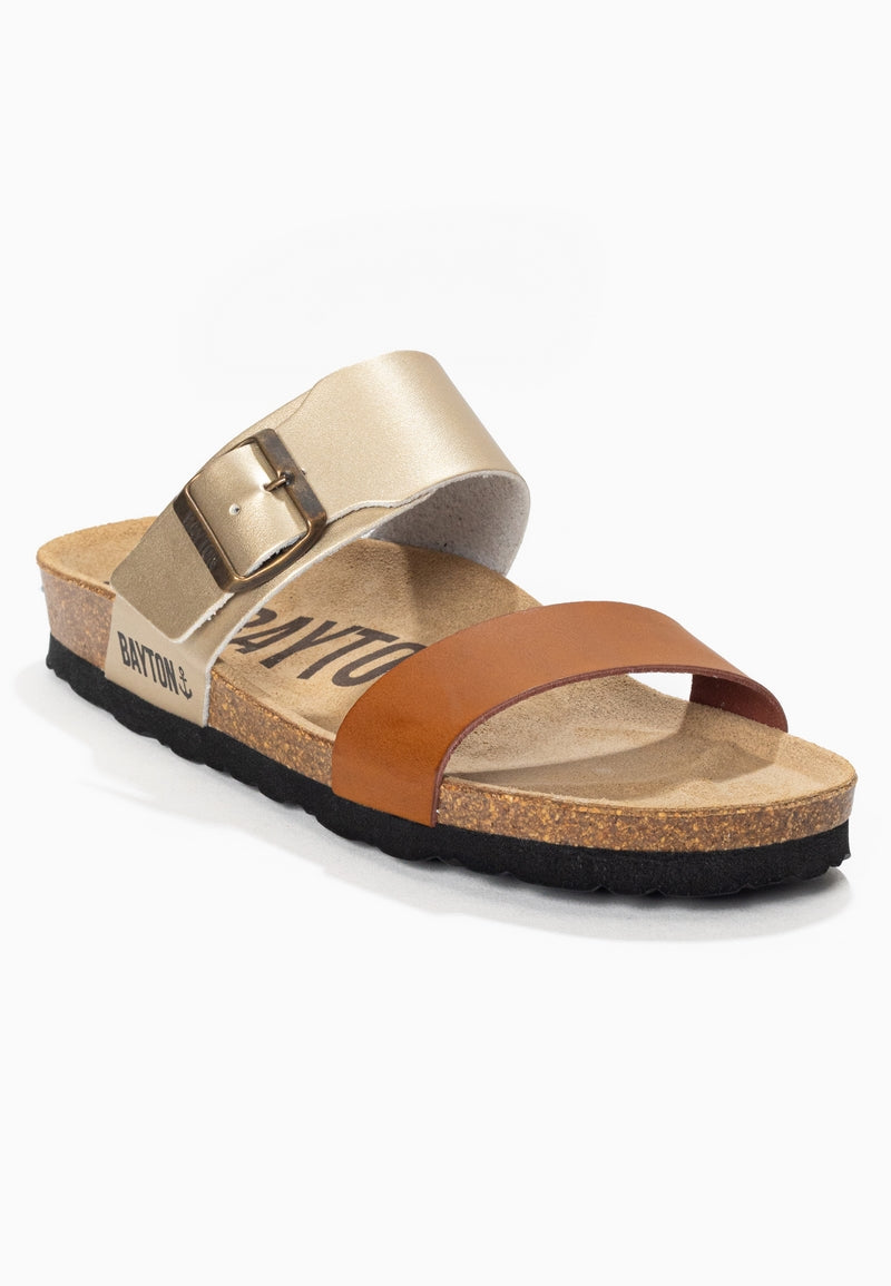 Valencia Camel and Gold 2 Strap Sandals