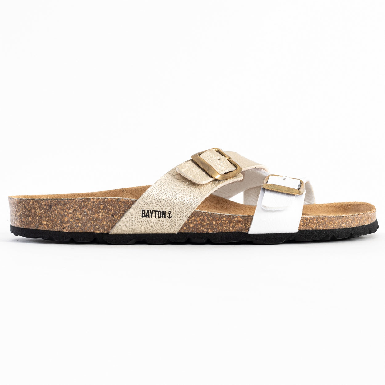 Sandalias Cleo de 2 tiras en blanco y dorado