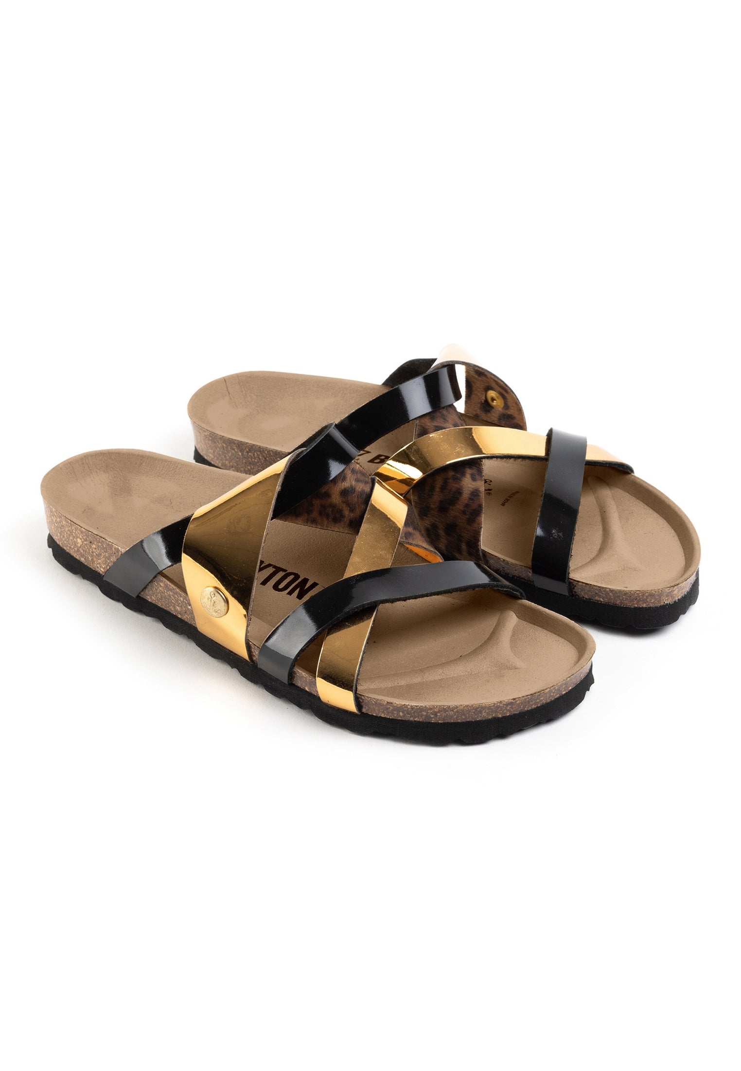 Batz Black and Gold and Leopard Multi-Strap Sandals