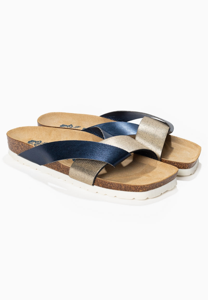 Mildura Navy Blue and Gold 2 Strap Sandals