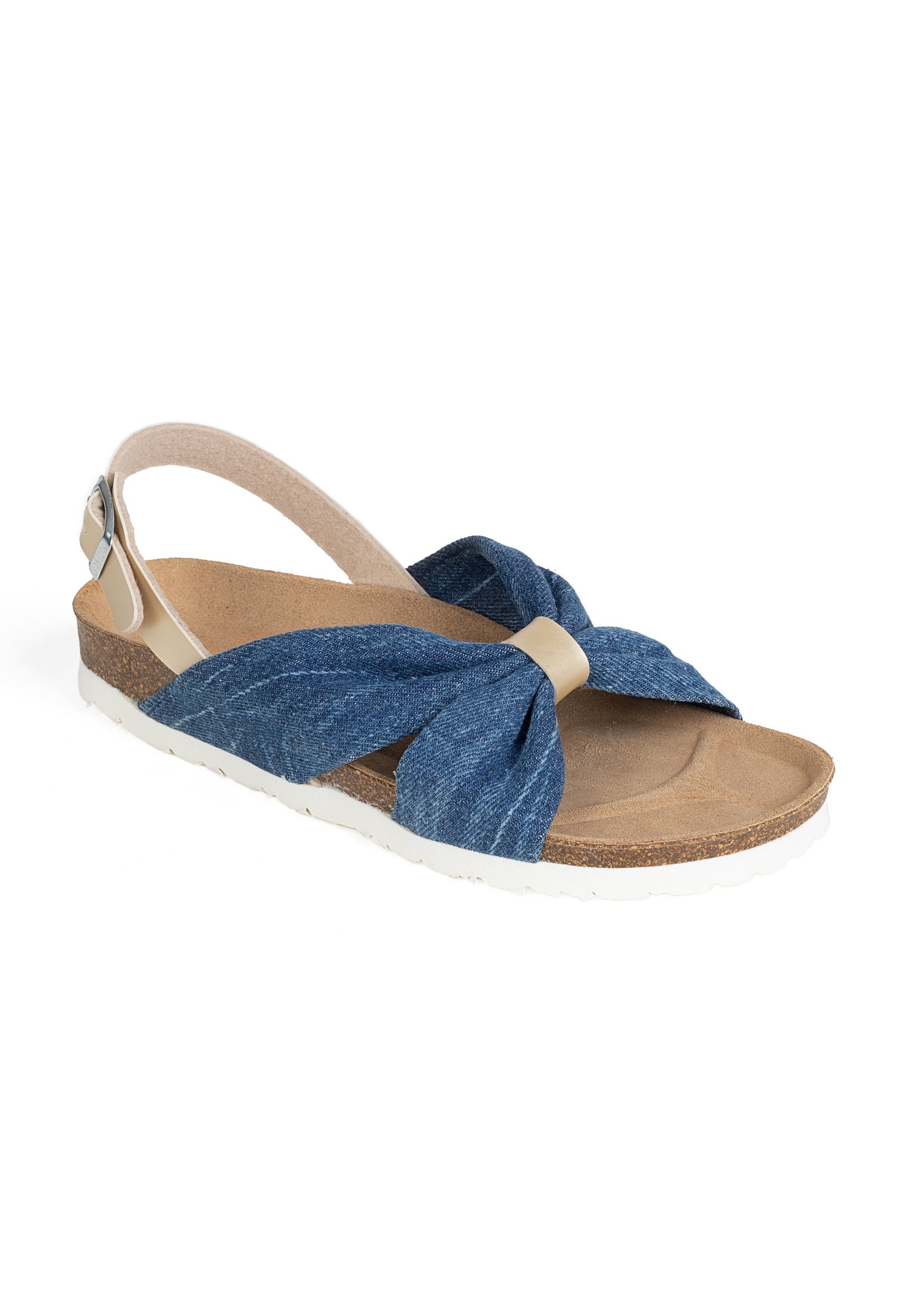 Frutti sandalias multitiras en denim azul y dorado claro