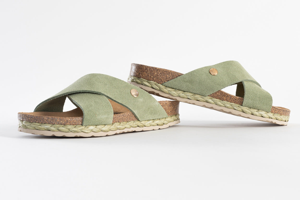 Burgos Khaki Suede Leather 2-Strap Sandals