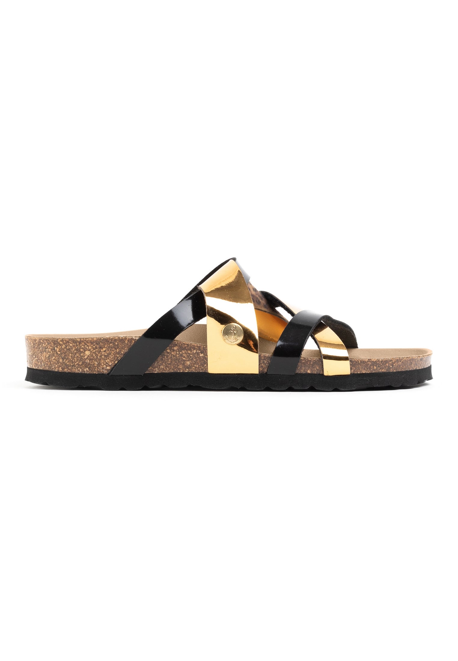 Batz Black and Gold and Leopard Multi-Strap Sandals