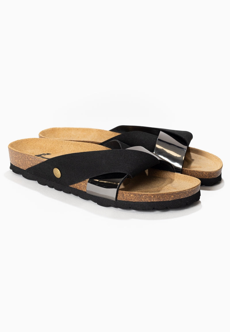 Figari Black and Dark Silver 2 Strap Sandals