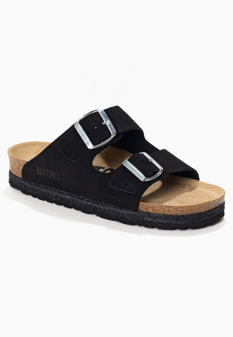 Benalla Black Suede Leather 2 Strap Sandals