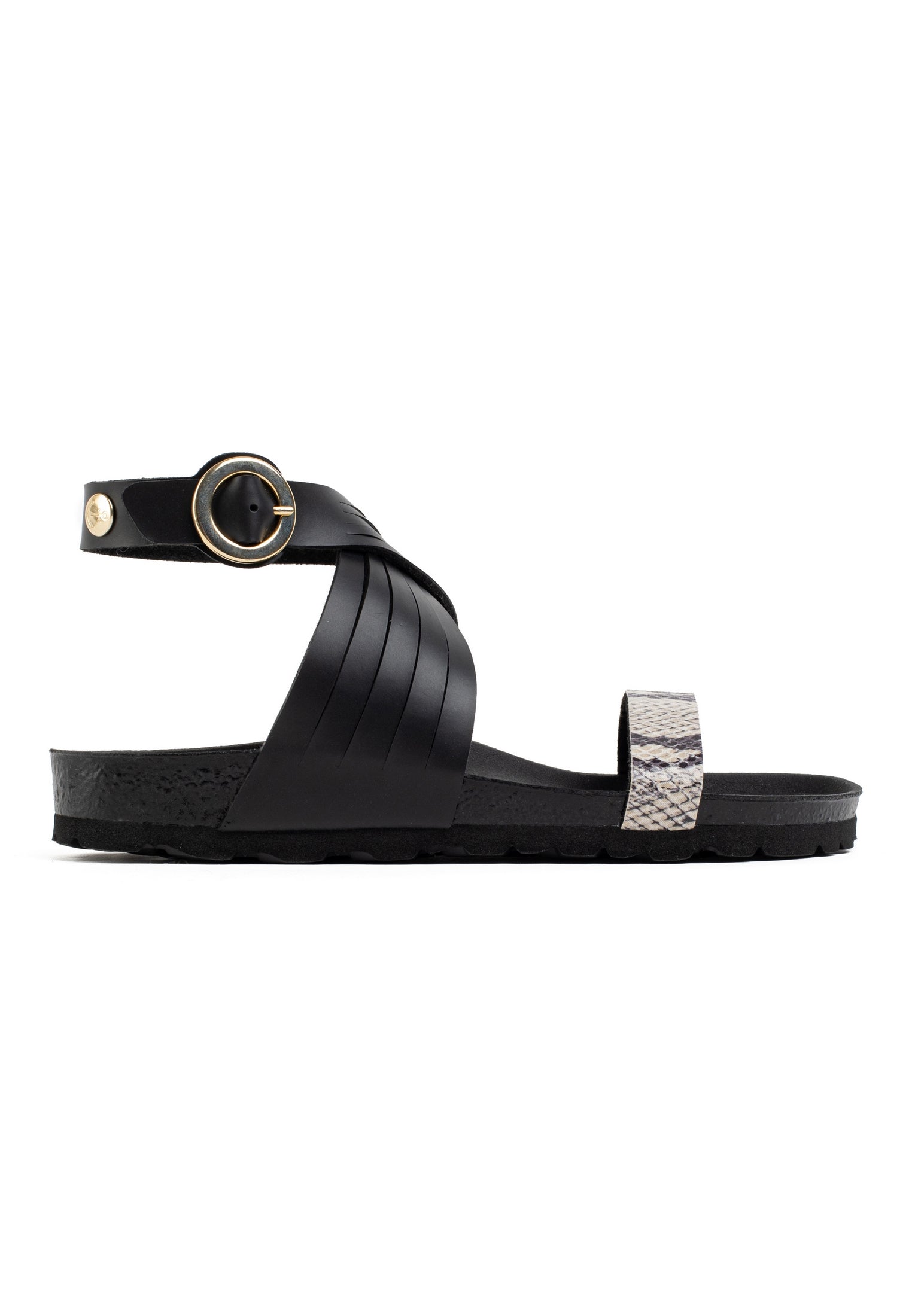 Garrigue Black and Beige Python Multi-Strap Sandals