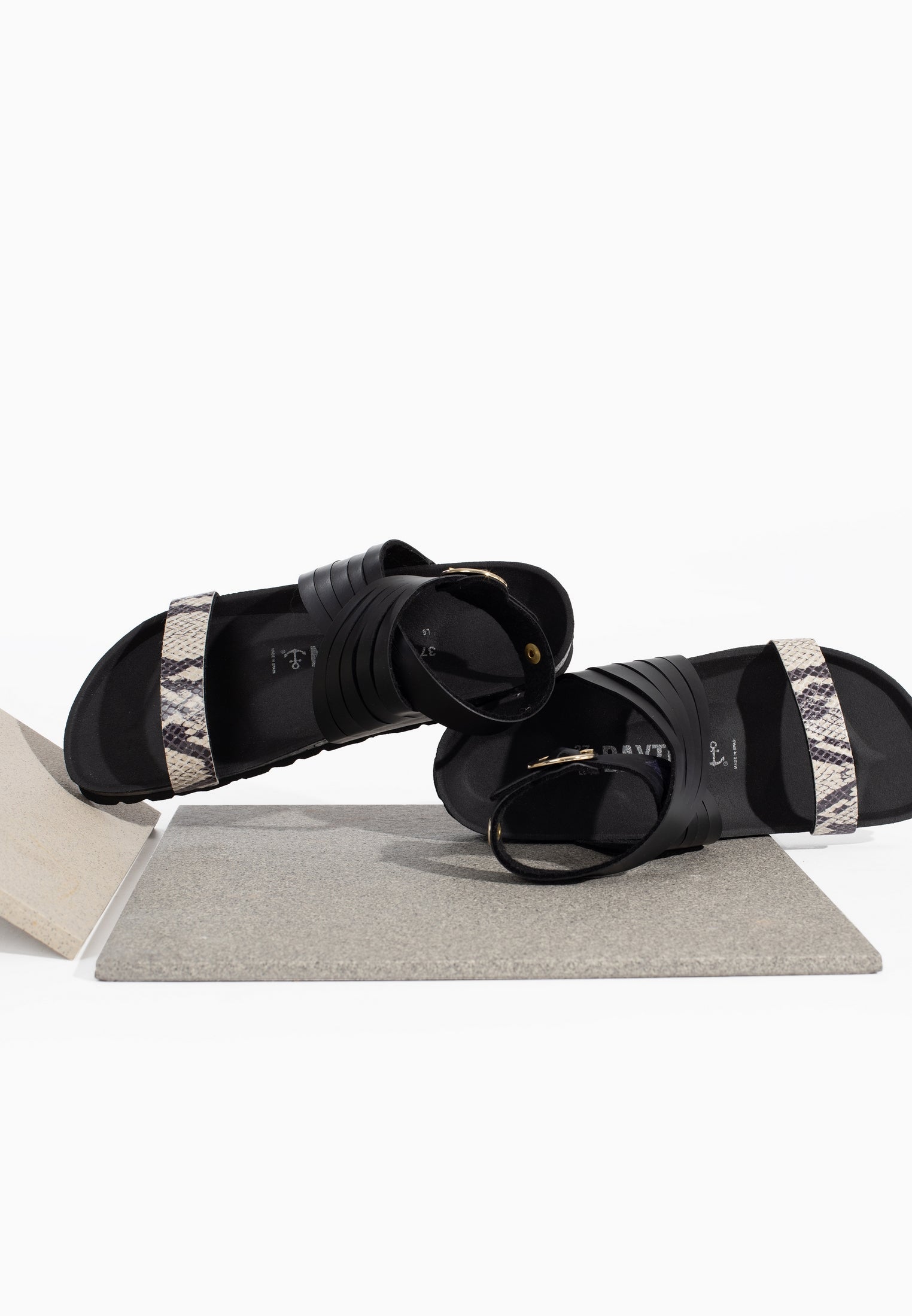 Garrigue Black and Beige Python Multi-Strap Sandals