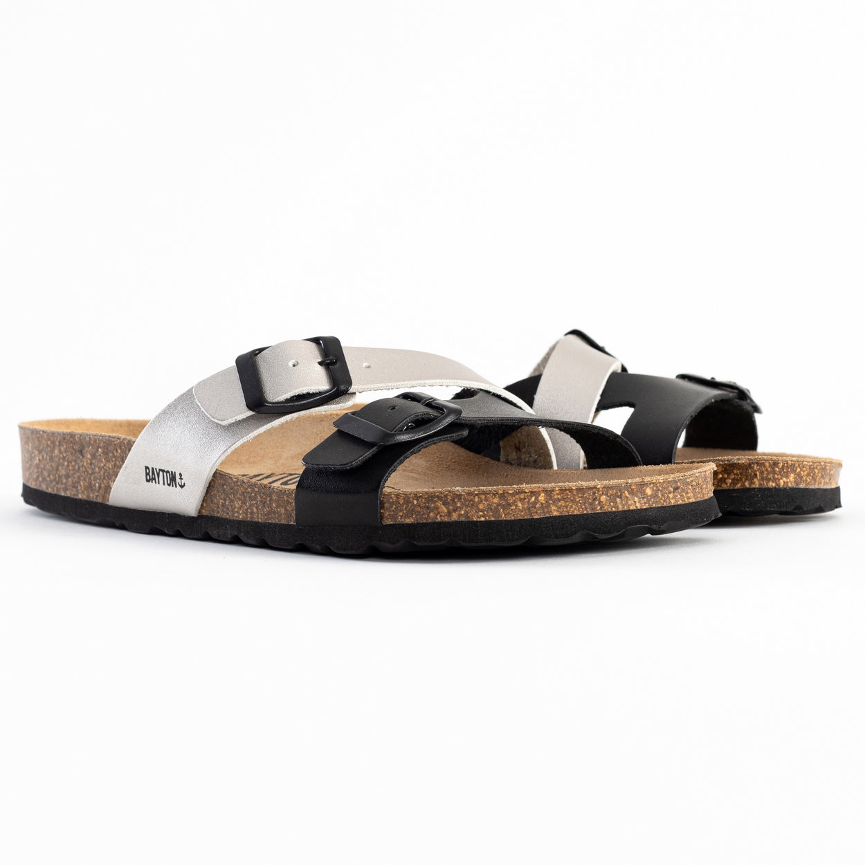 Cleo Black and Silver 2-Strap Sandals