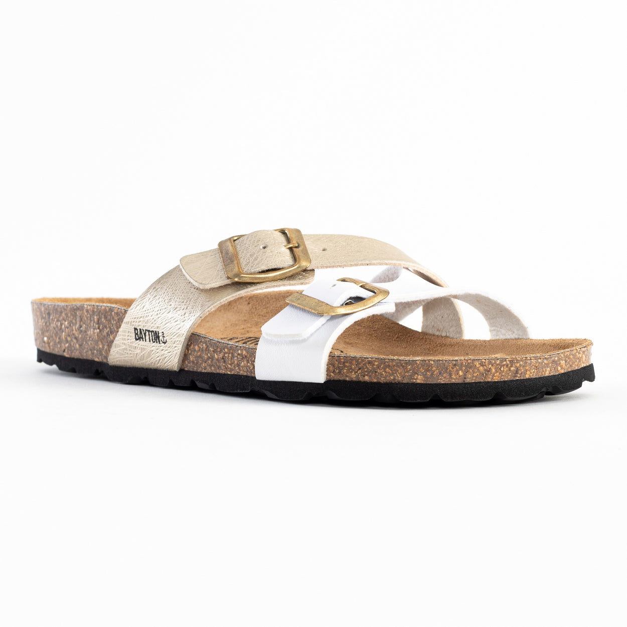 Sandalias Cleo de 2 tiras en blanco y dorado