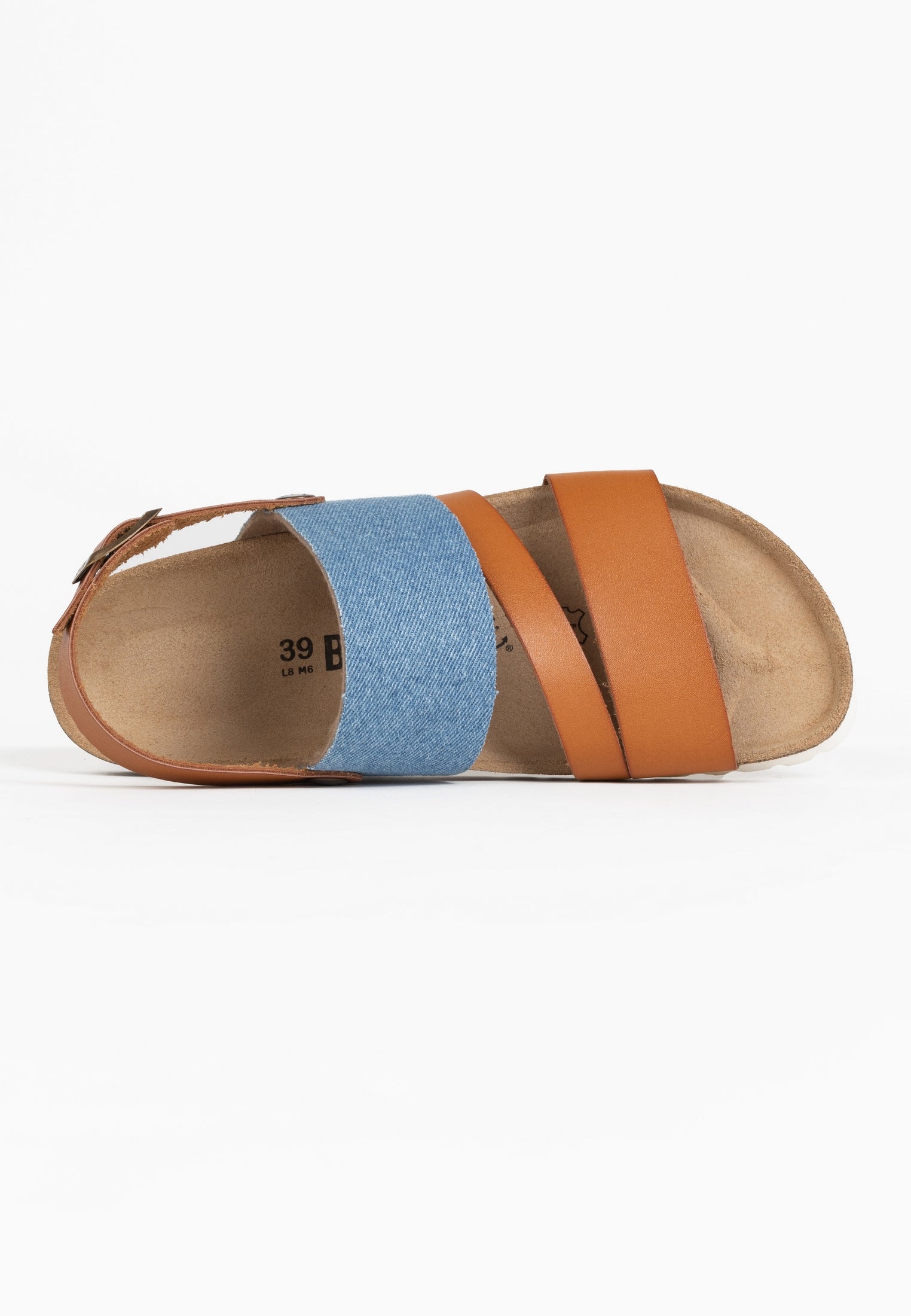 Vitoria Tan and Blue Denim Multi-Strap Sandals