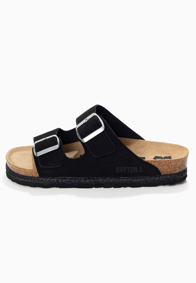 Benalla Black Suede Leather 2 Strap Sandals