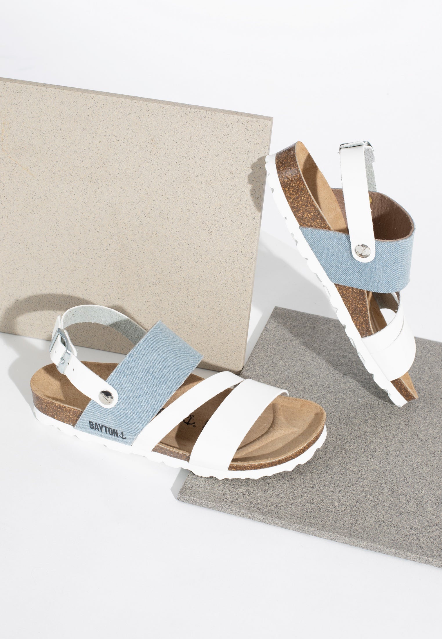 Vitoria White and Sky Blue Denim Multi-Strap Sandals