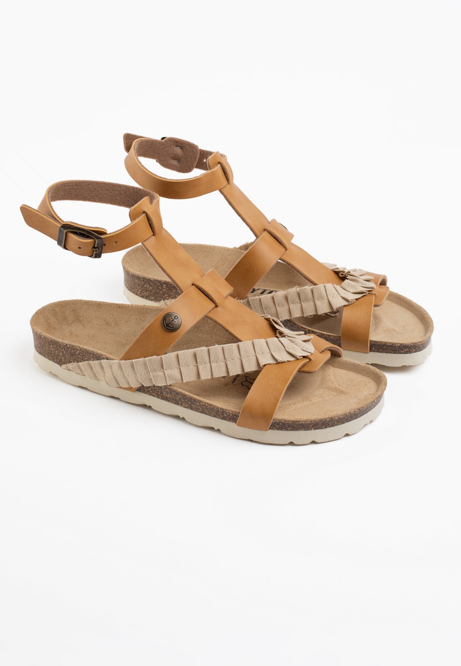 Sandalias Violeta Multitiras Camel Y Beige