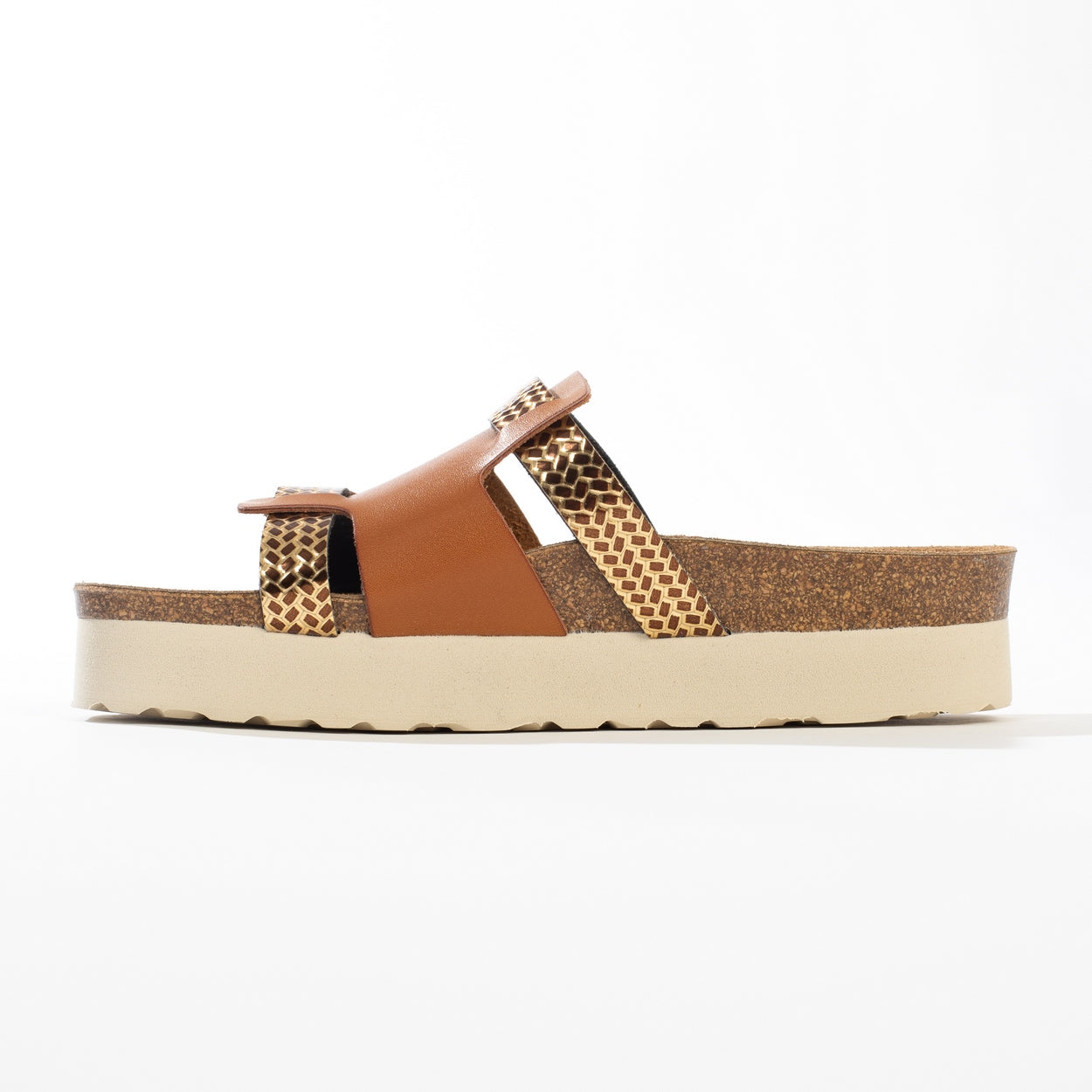 Sandalias Lecce Con Plataforma Camel Y Dorada