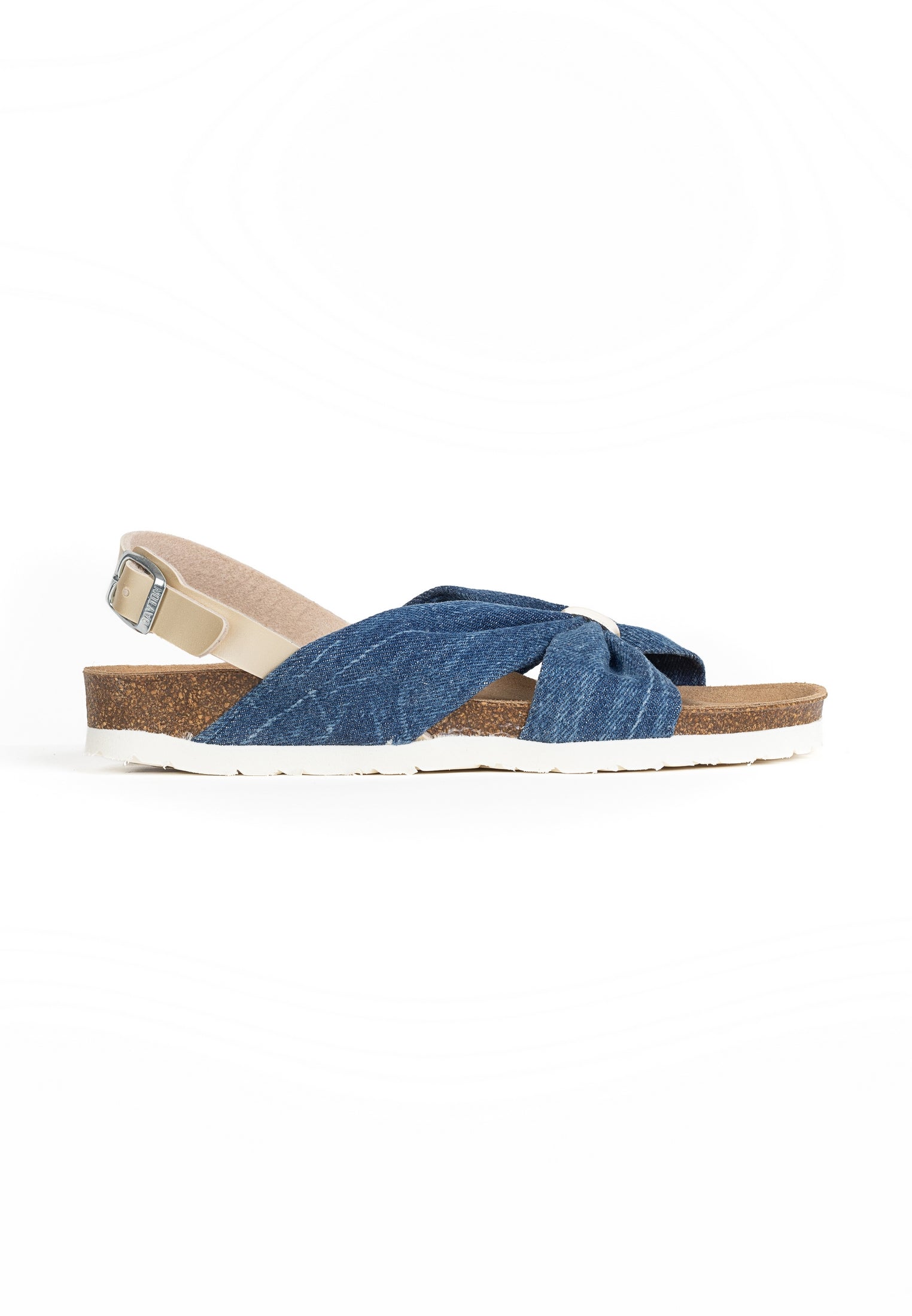 Frutti sandalias multitiras en denim azul y dorado claro