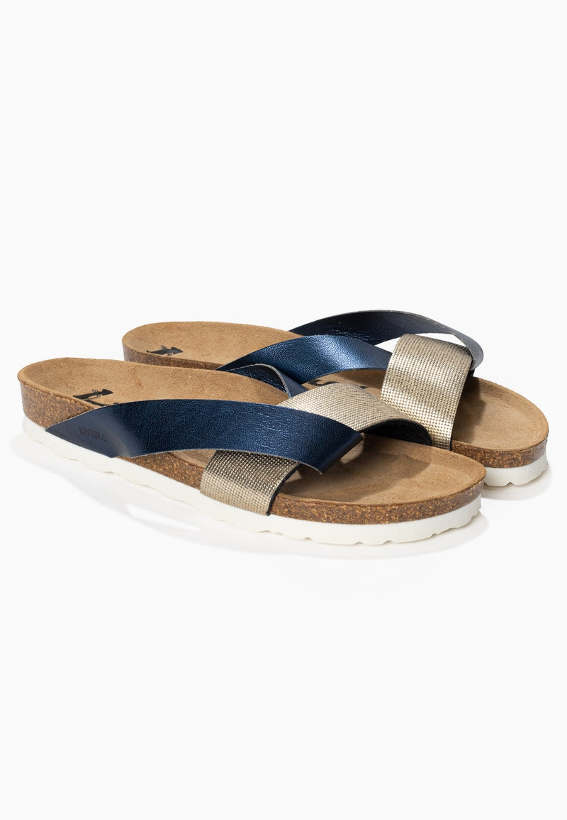 Mildura Navy Blue and Gold 2 Strap Sandals