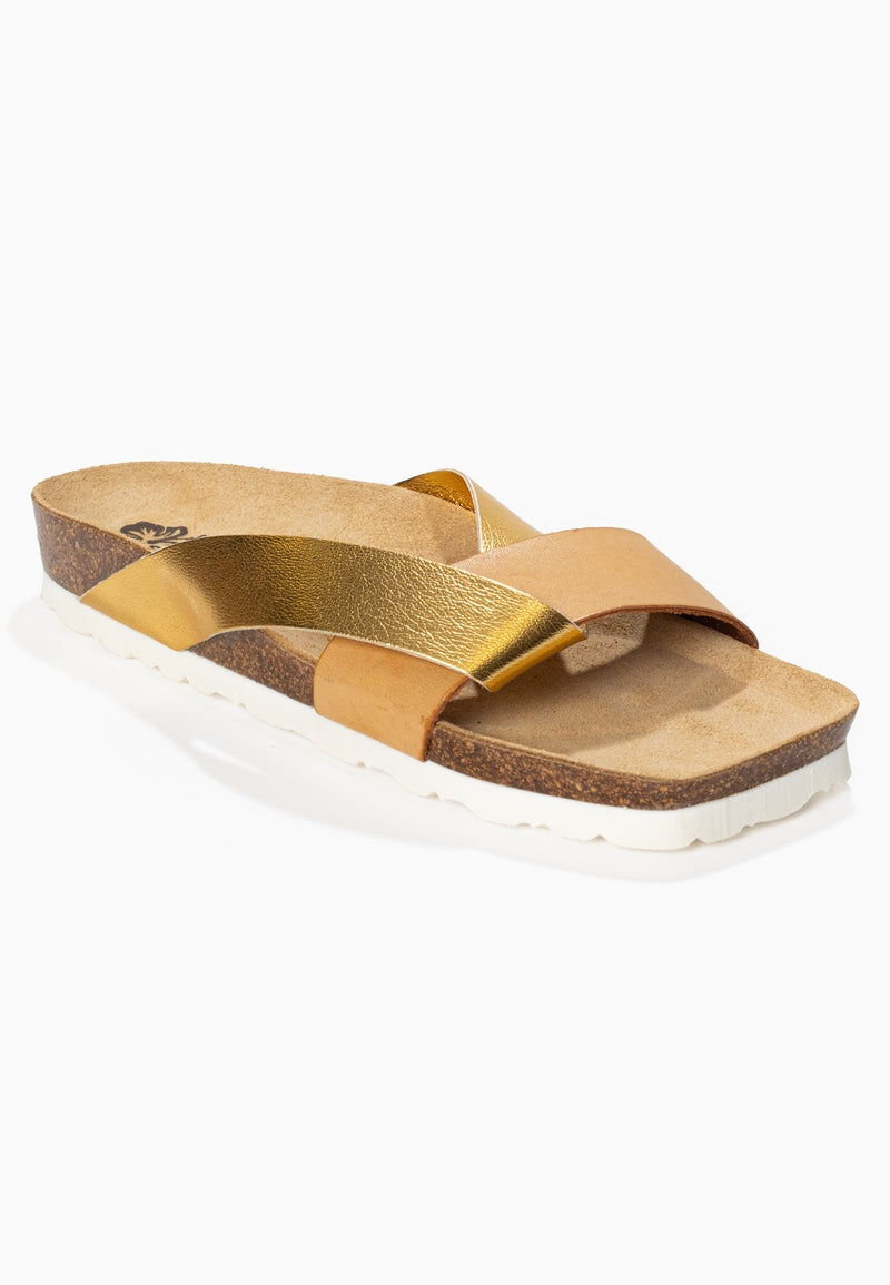 Mildura Camel and Gold 2 Strap Sandals