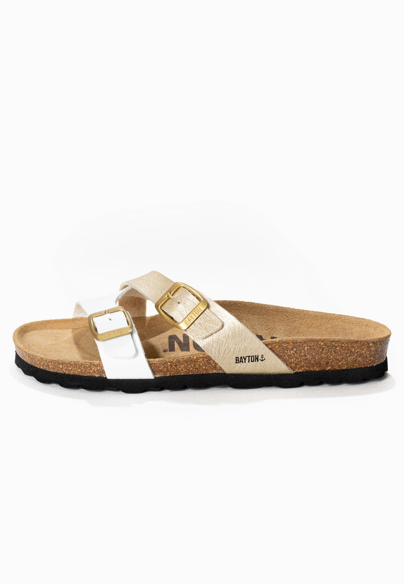 Cleo White and Gold 2-Strap Sandals