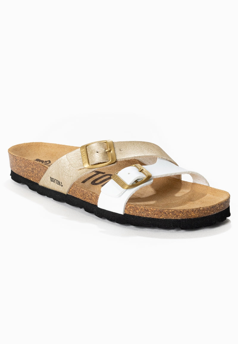 Sandalias Cleo en blanco y dorado