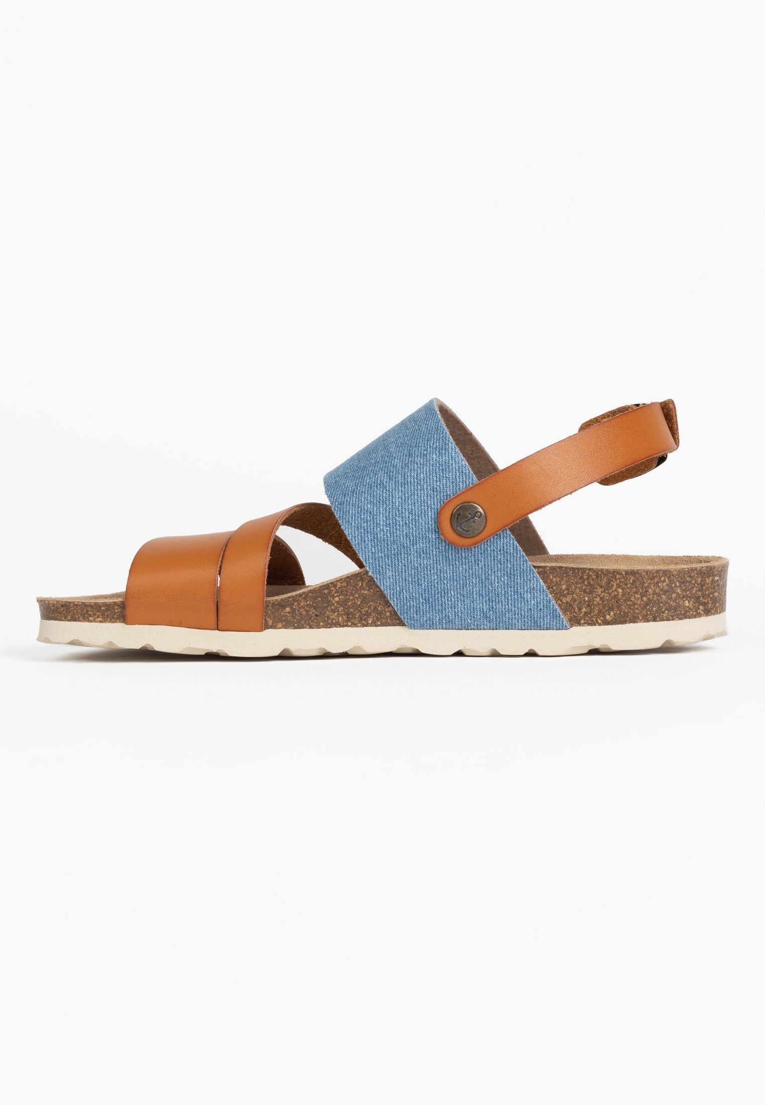 Vitoria Tan and Blue Denim Multi-Strap Sandals