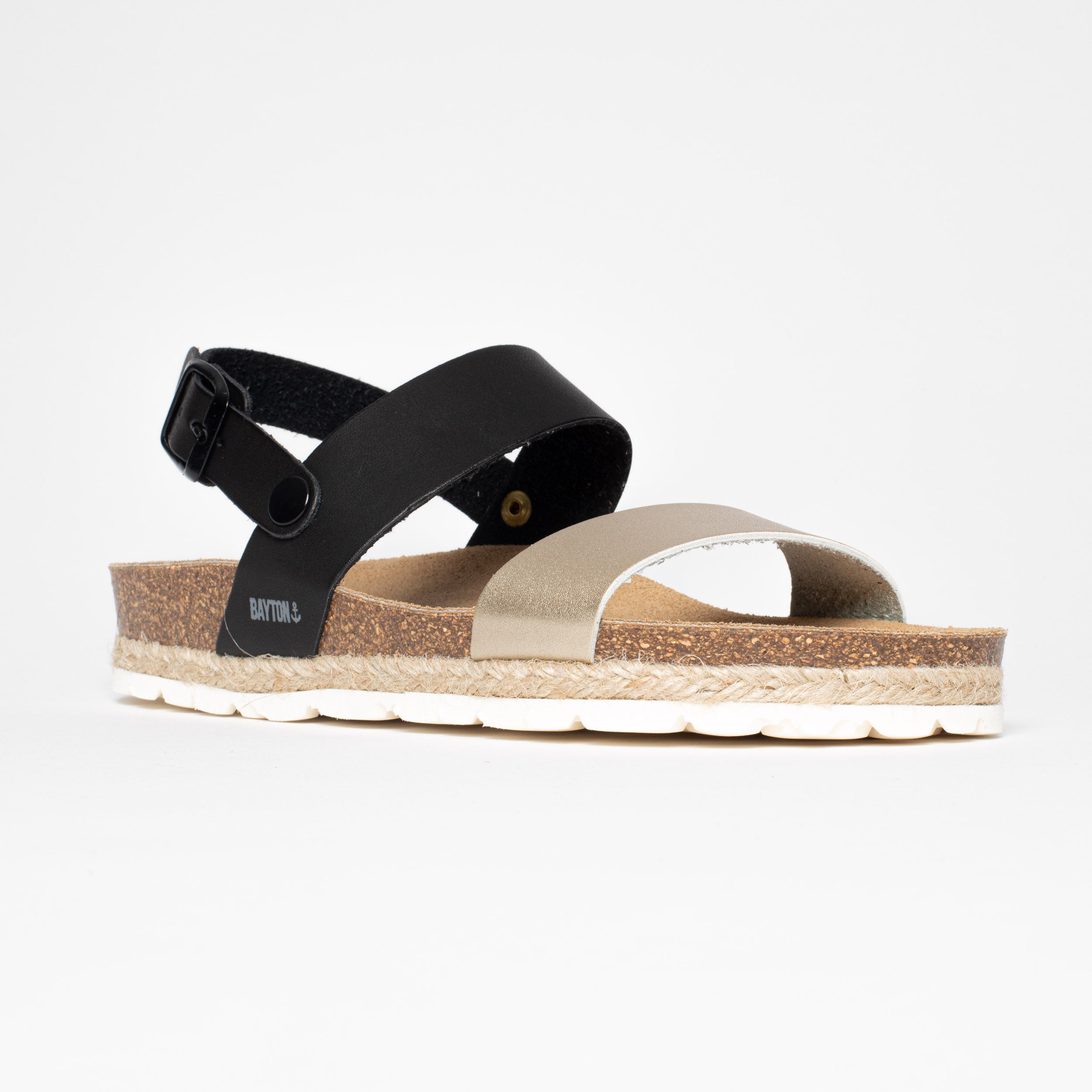 Gold Tone And Black Multi-Strap Sandals