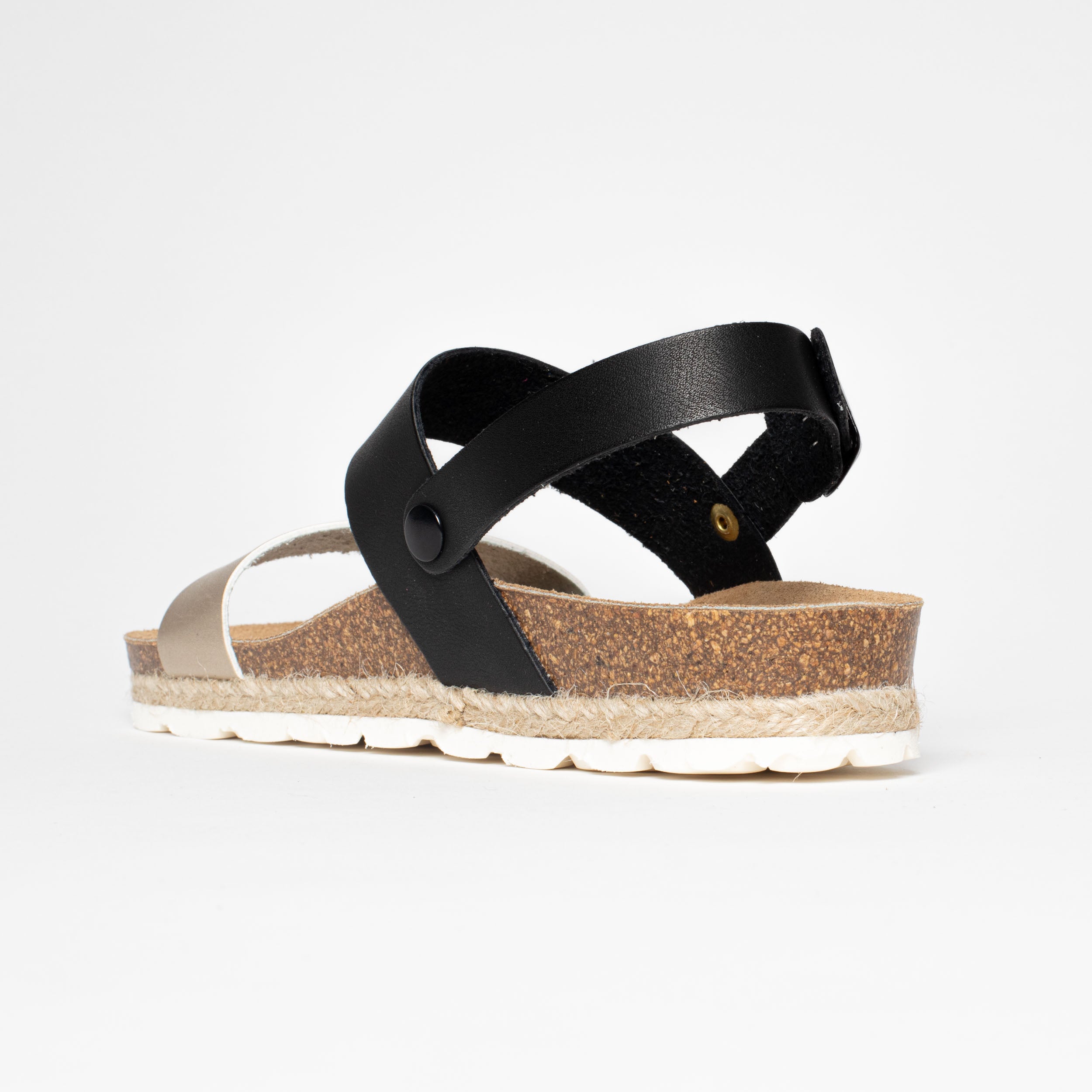 Gold Tone And Black Multi-Strap Sandals