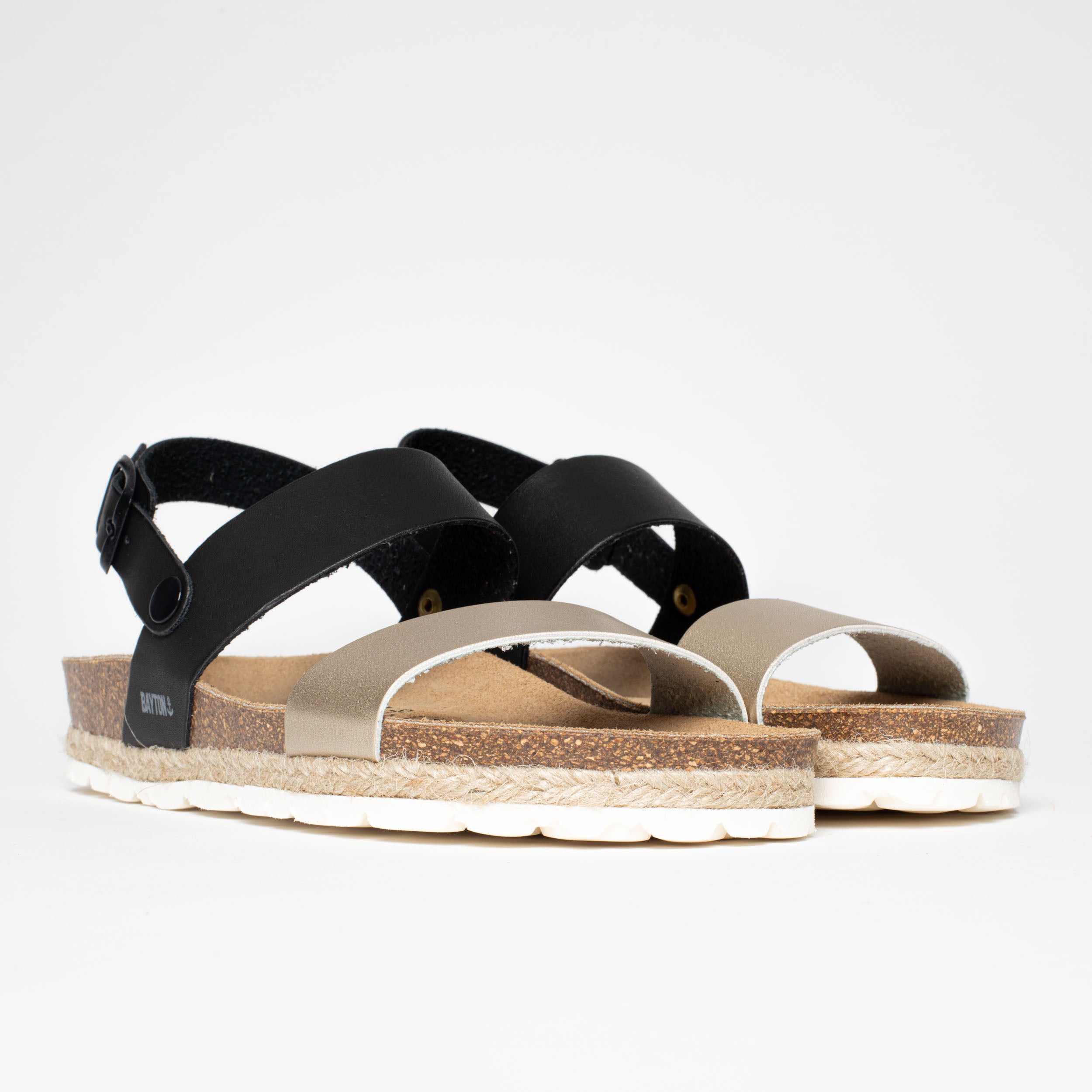 Gold Tone And Black Multi-Strap Sandals