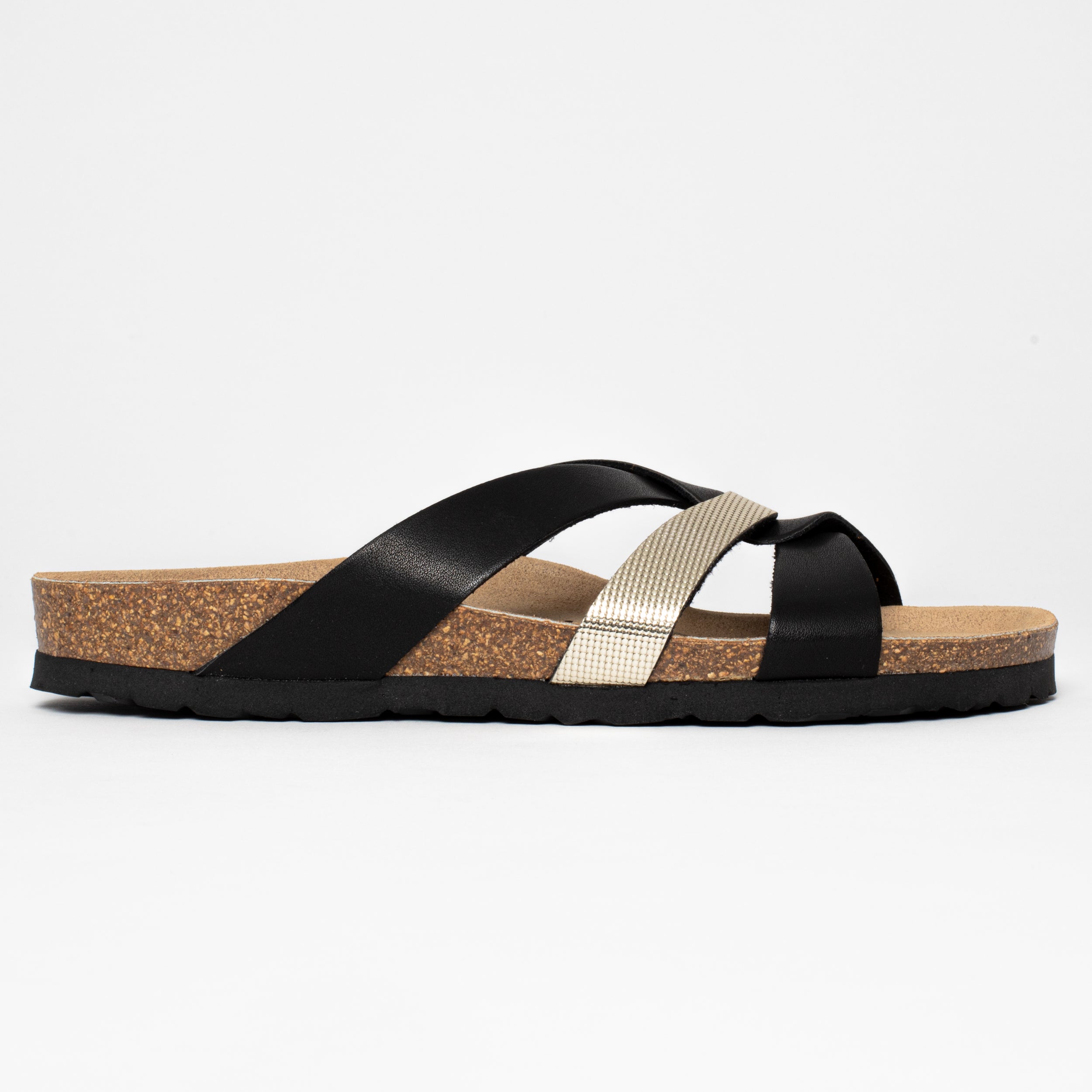 Santander Light Gold and Black Multi-Strap Sandals