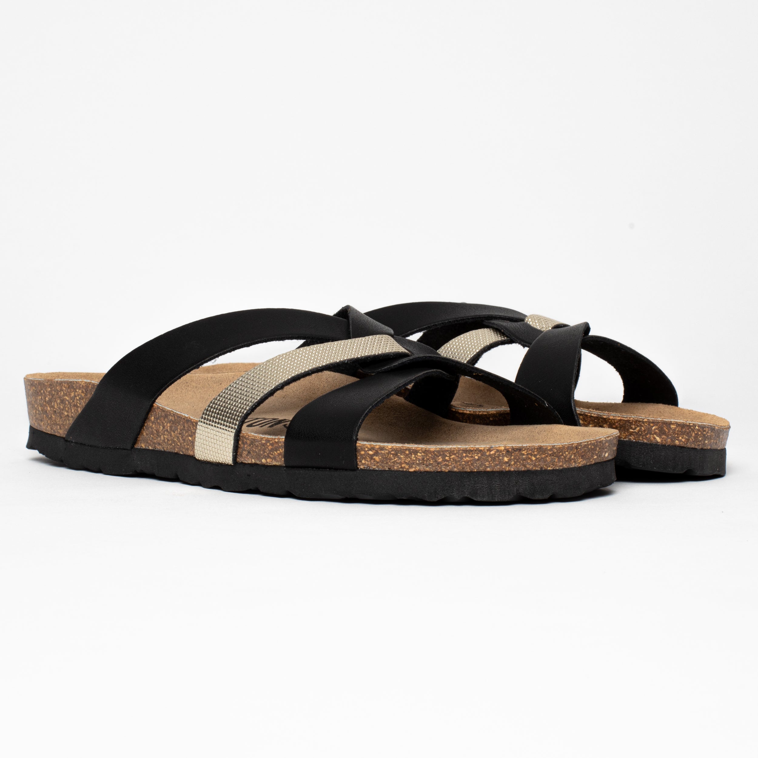 Santander Light Gold and Black Multi-Strap Sandals