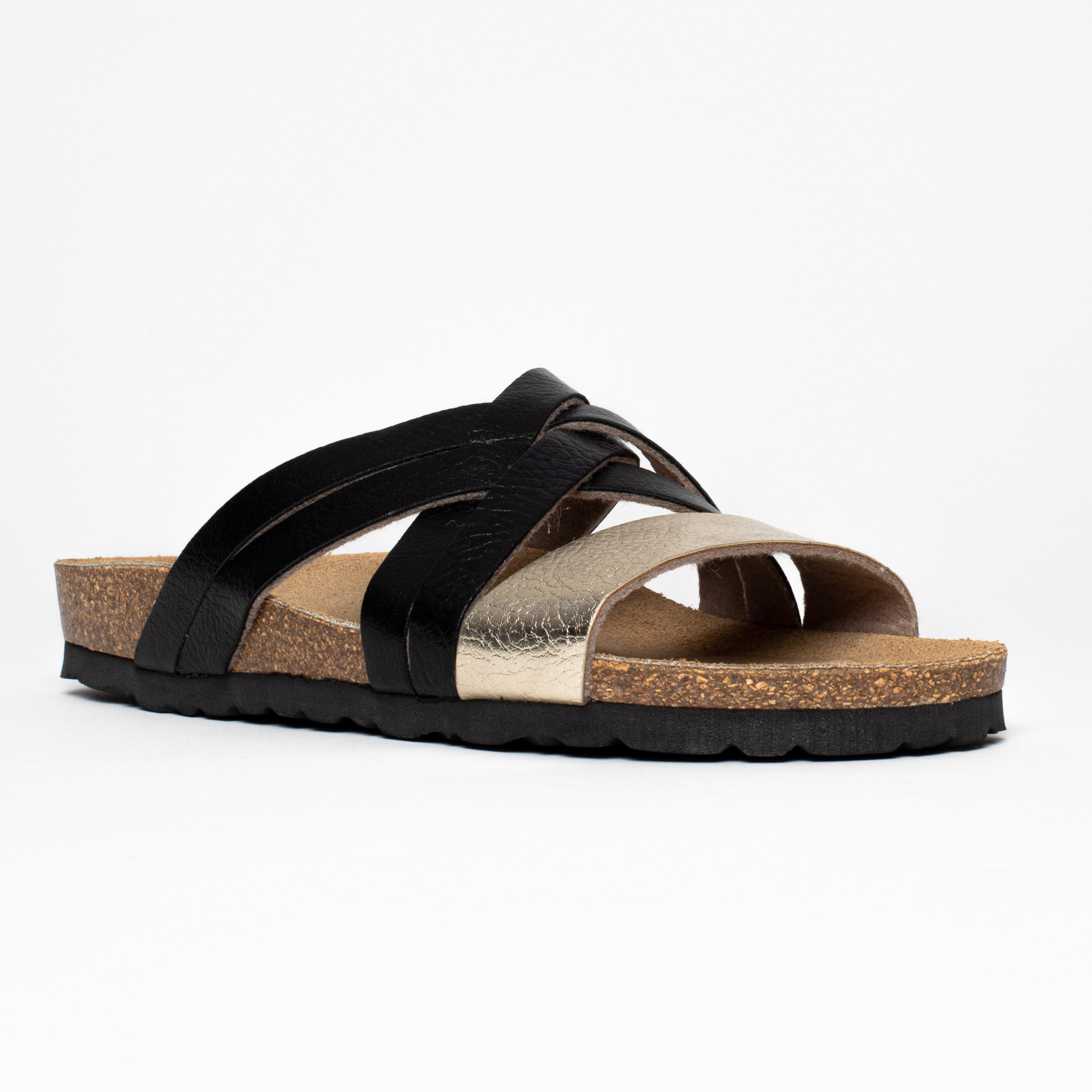 Zaragoza Light Gold and Black Multi-Strap Sandals