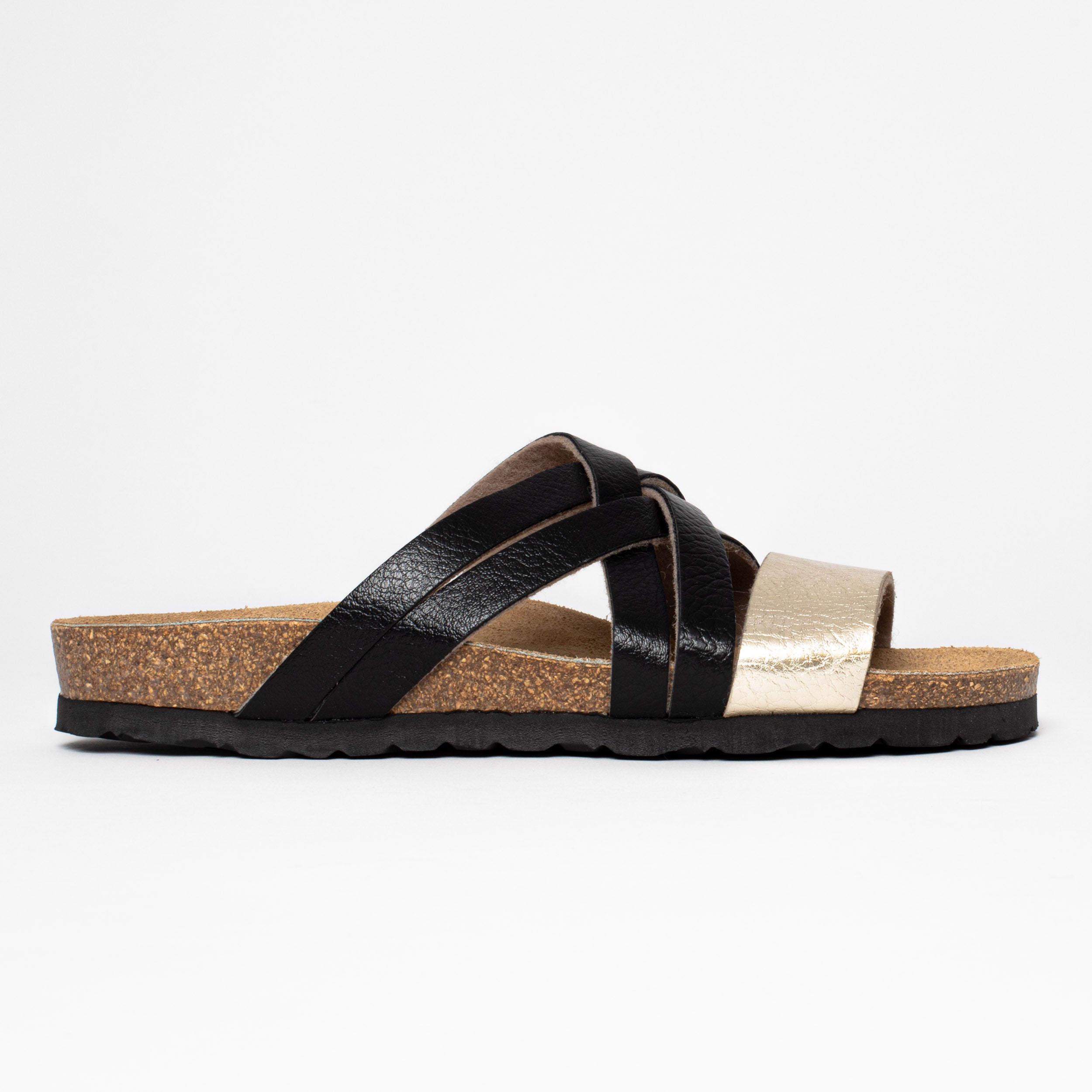 Zaragoza Light Gold and Black Multi-Strap Sandals