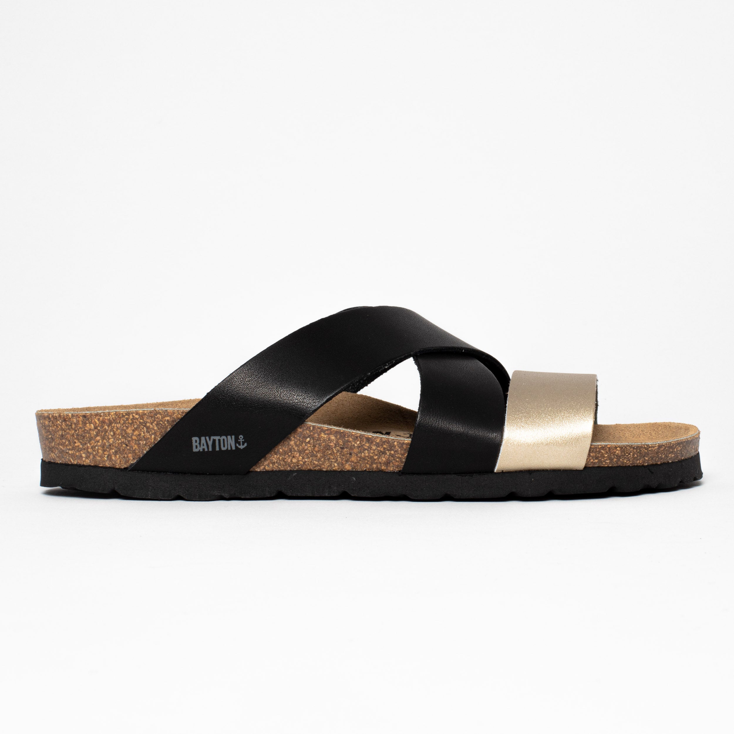 Sandalias Sevilla con múltiples tiras en negro y dorado