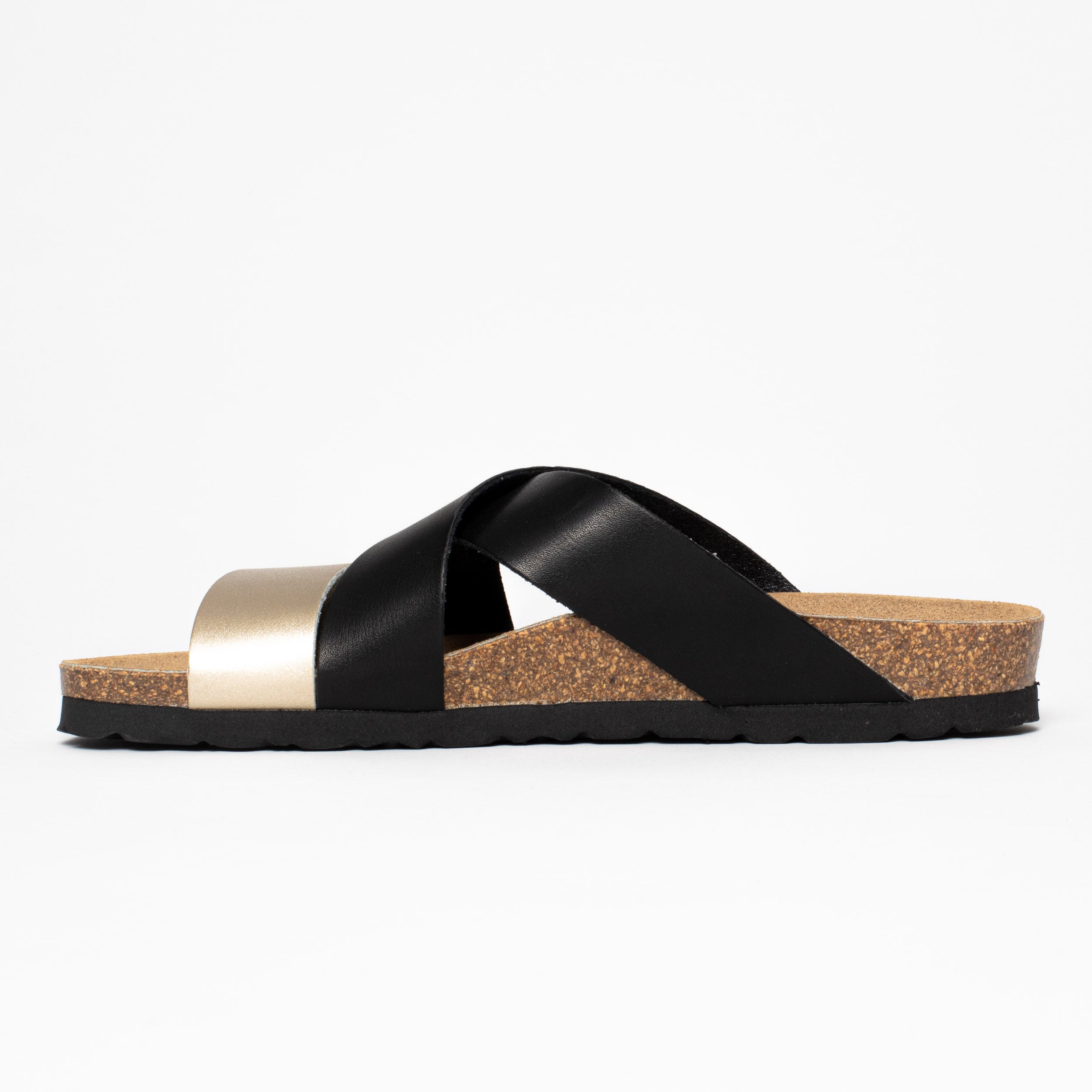 Sandalias Sevilla con múltiples tiras en negro y dorado