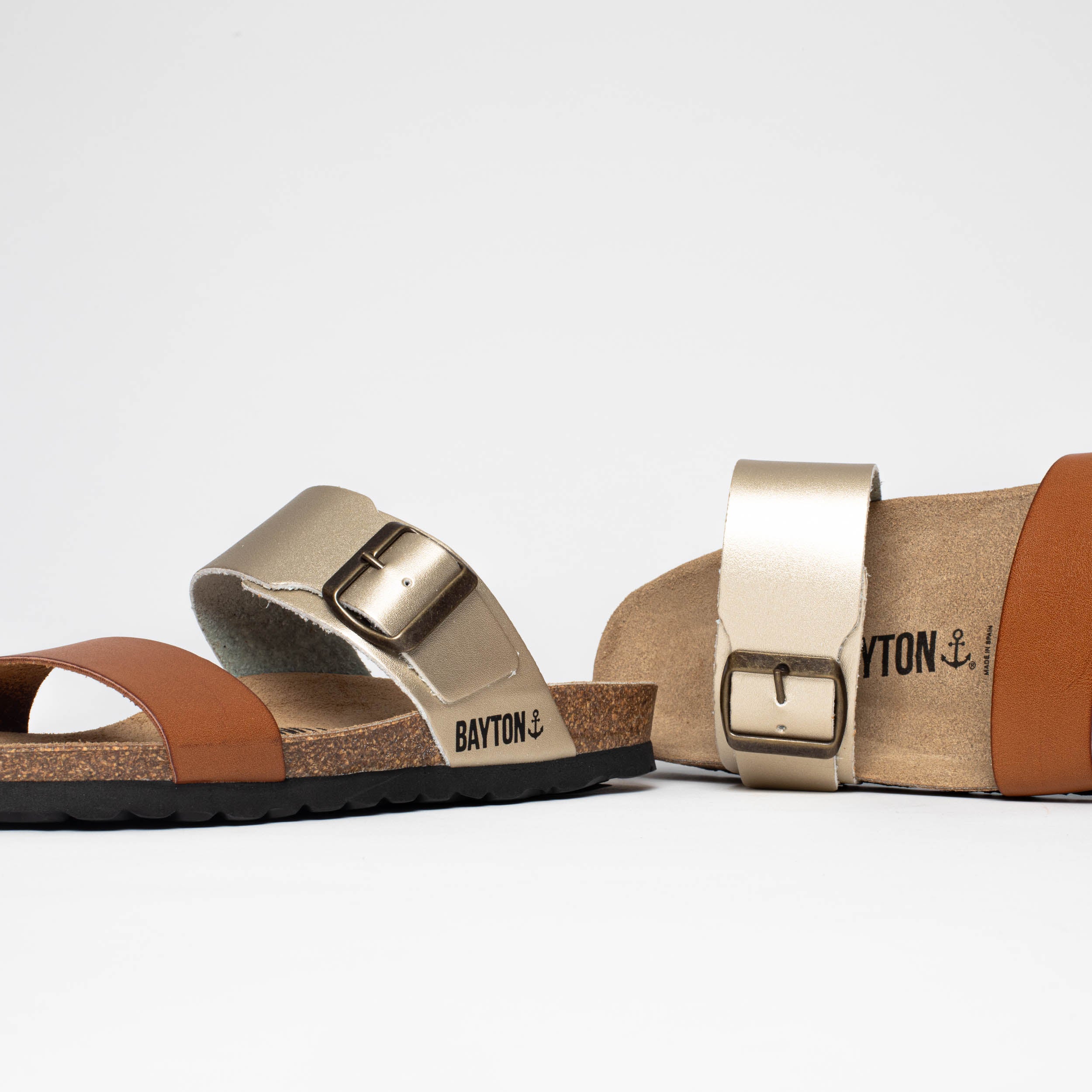 Valencia Camel and Platinum 2-Strap Sandals