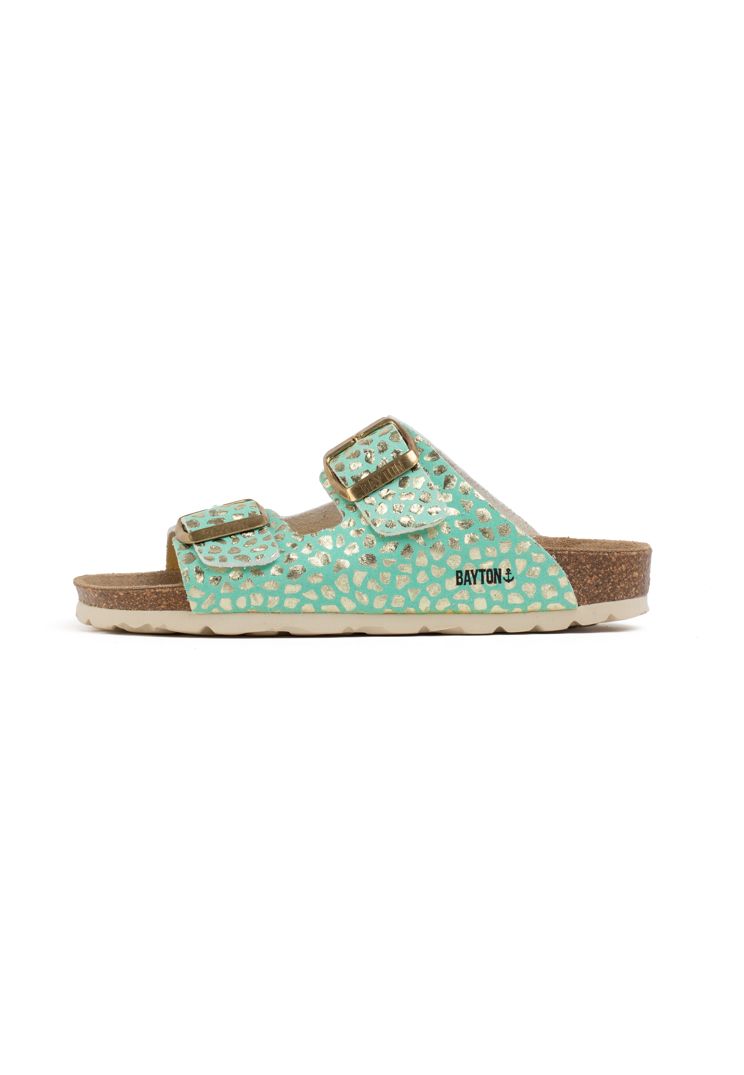 Atlas 2 Strap Sandals in Pale Green and Gold