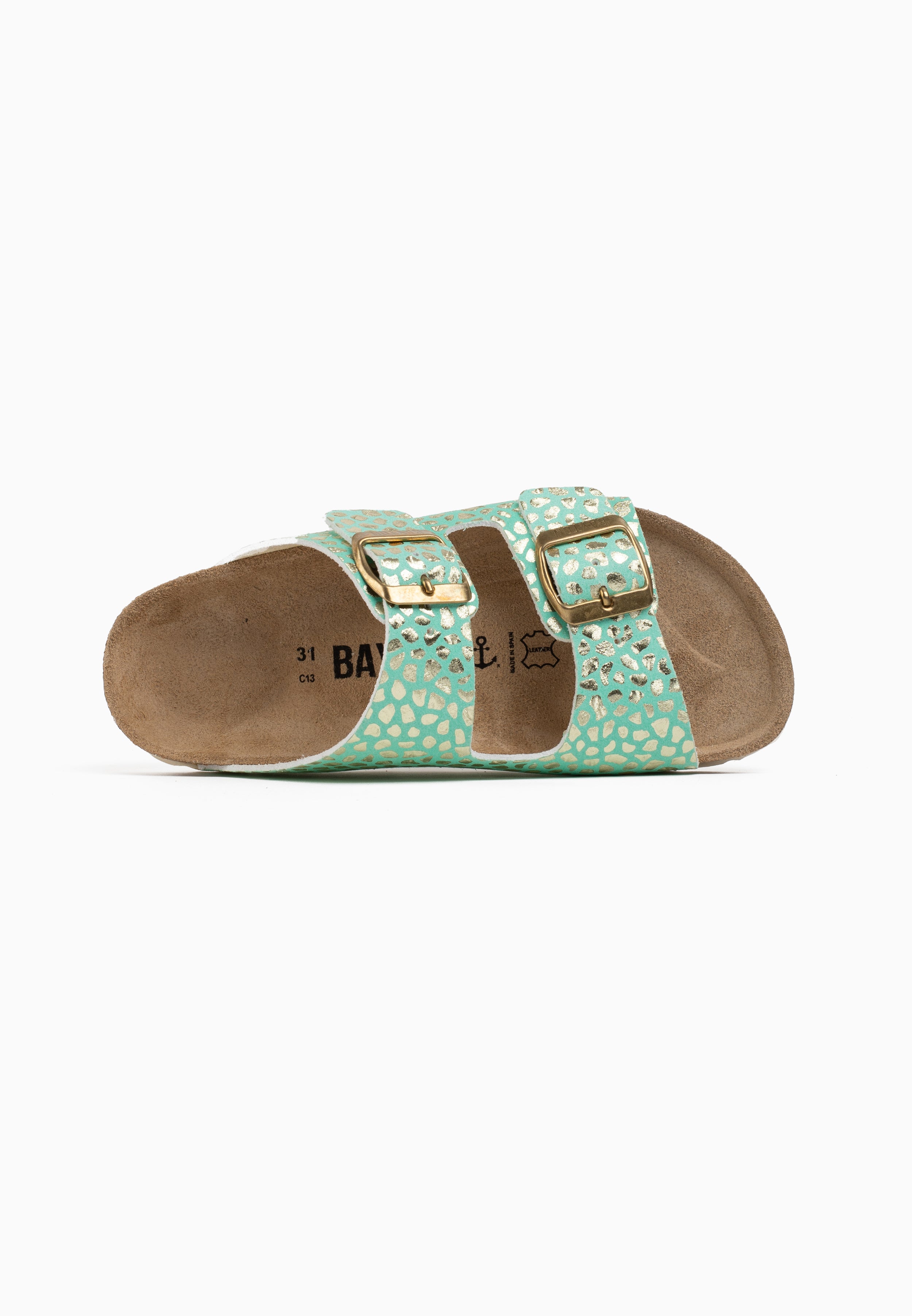 Atlas 2 Strap Sandals in Pale Green and Gold