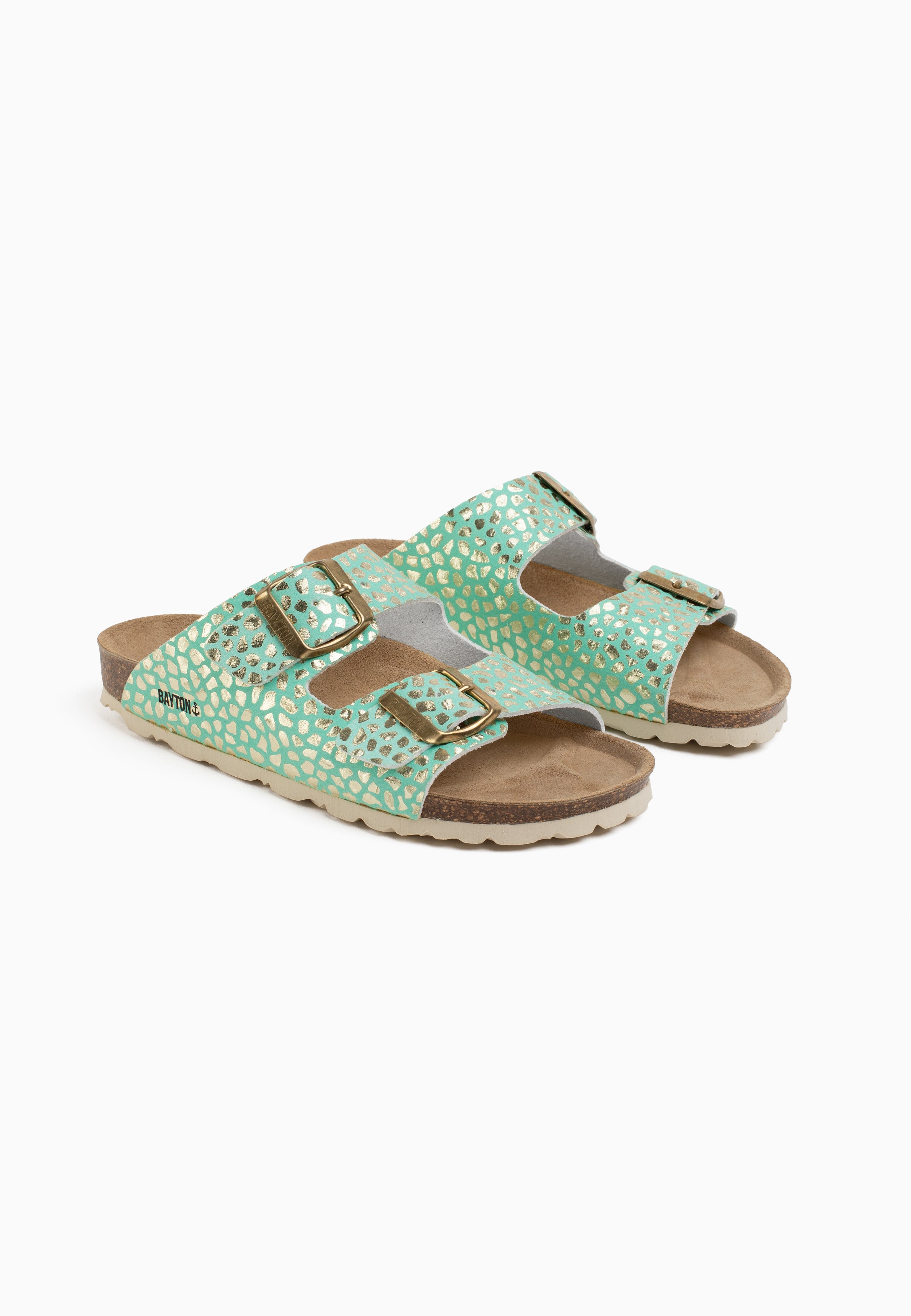 Atlas 2 Strap Sandals in Pale Green and Gold