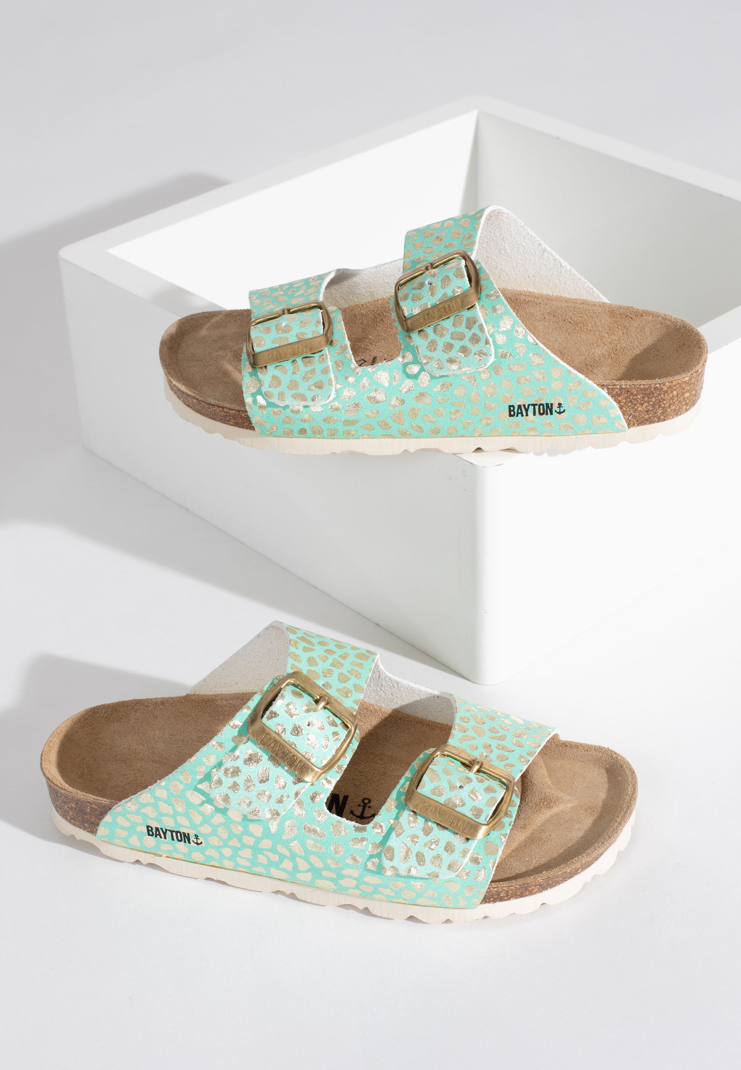 Atlas 2 Strap Sandals in Pale Green and Gold