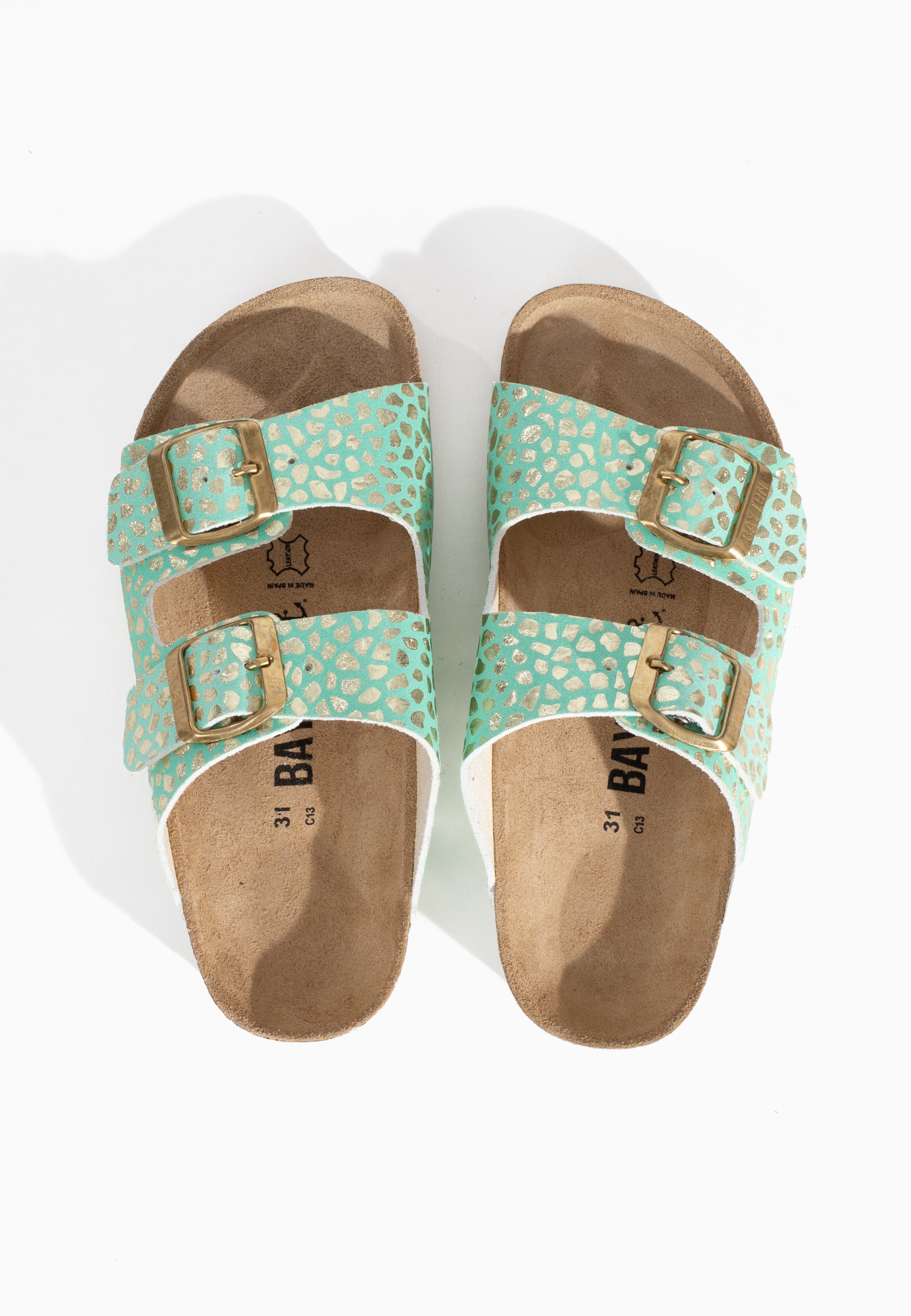 Atlas 2 Strap Sandals in Pale Green and Gold