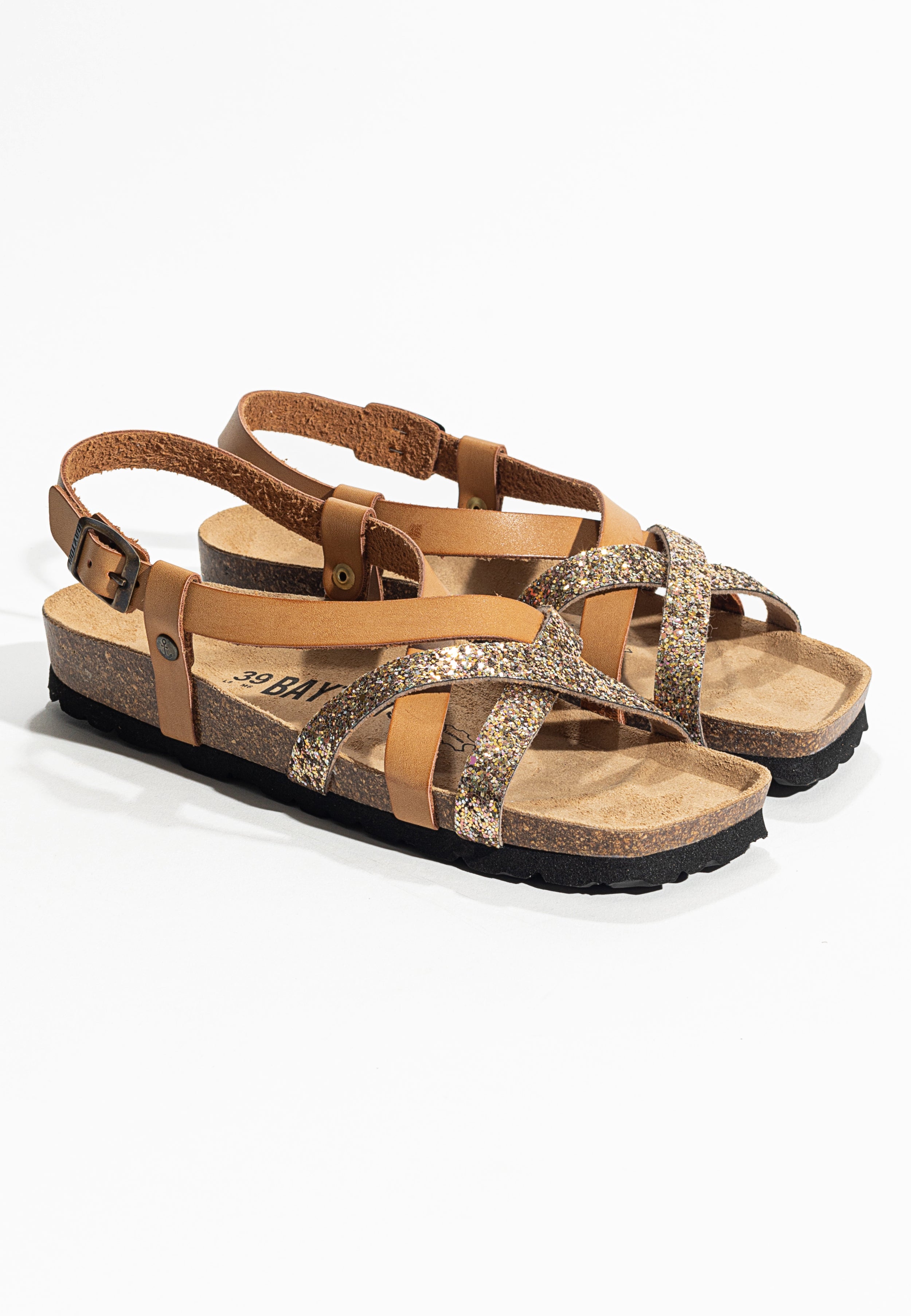 Kari Camel and Sequin Multi-Strap Sandals