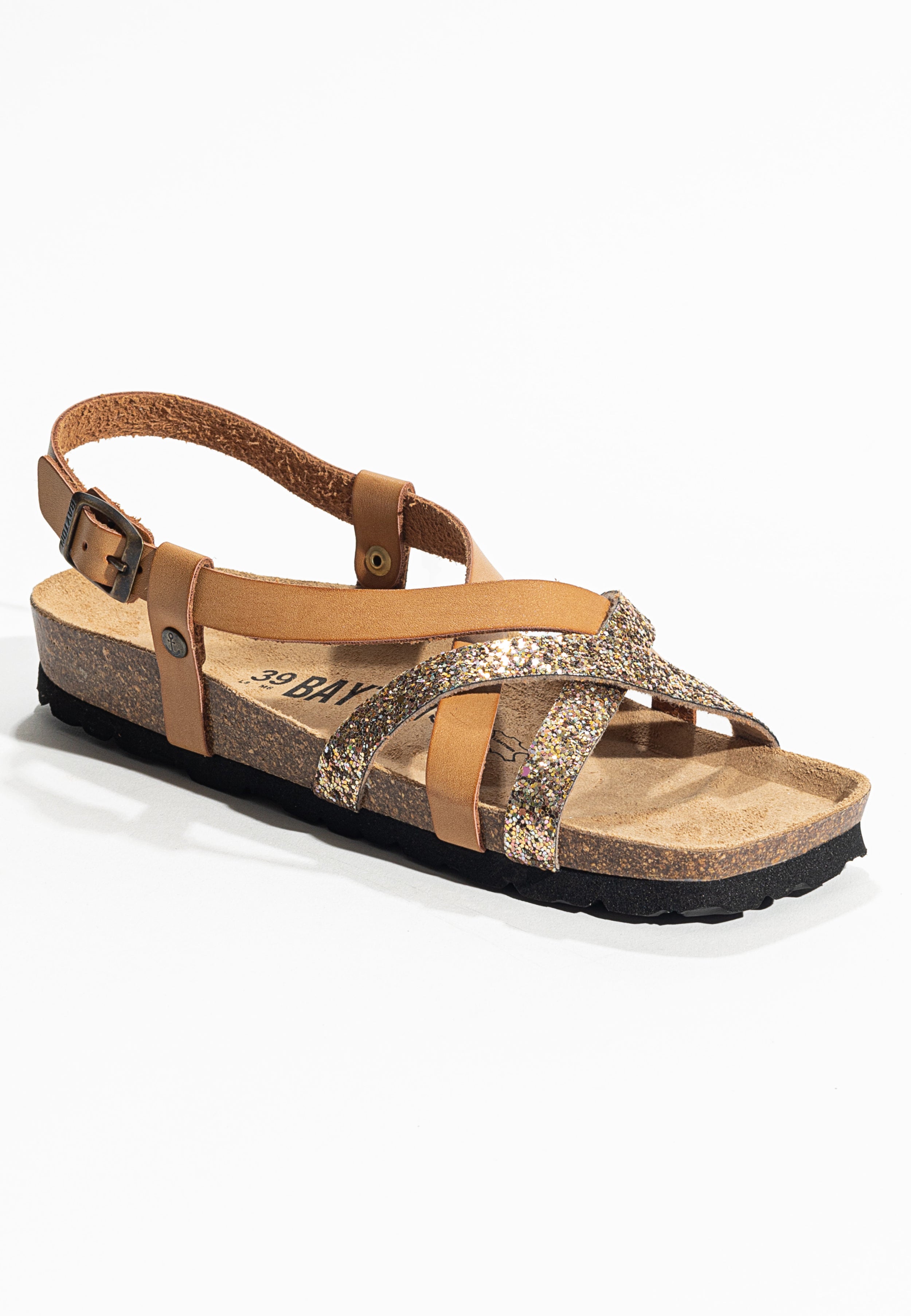 Kari Camel and Sequin Multi-Strap Sandals