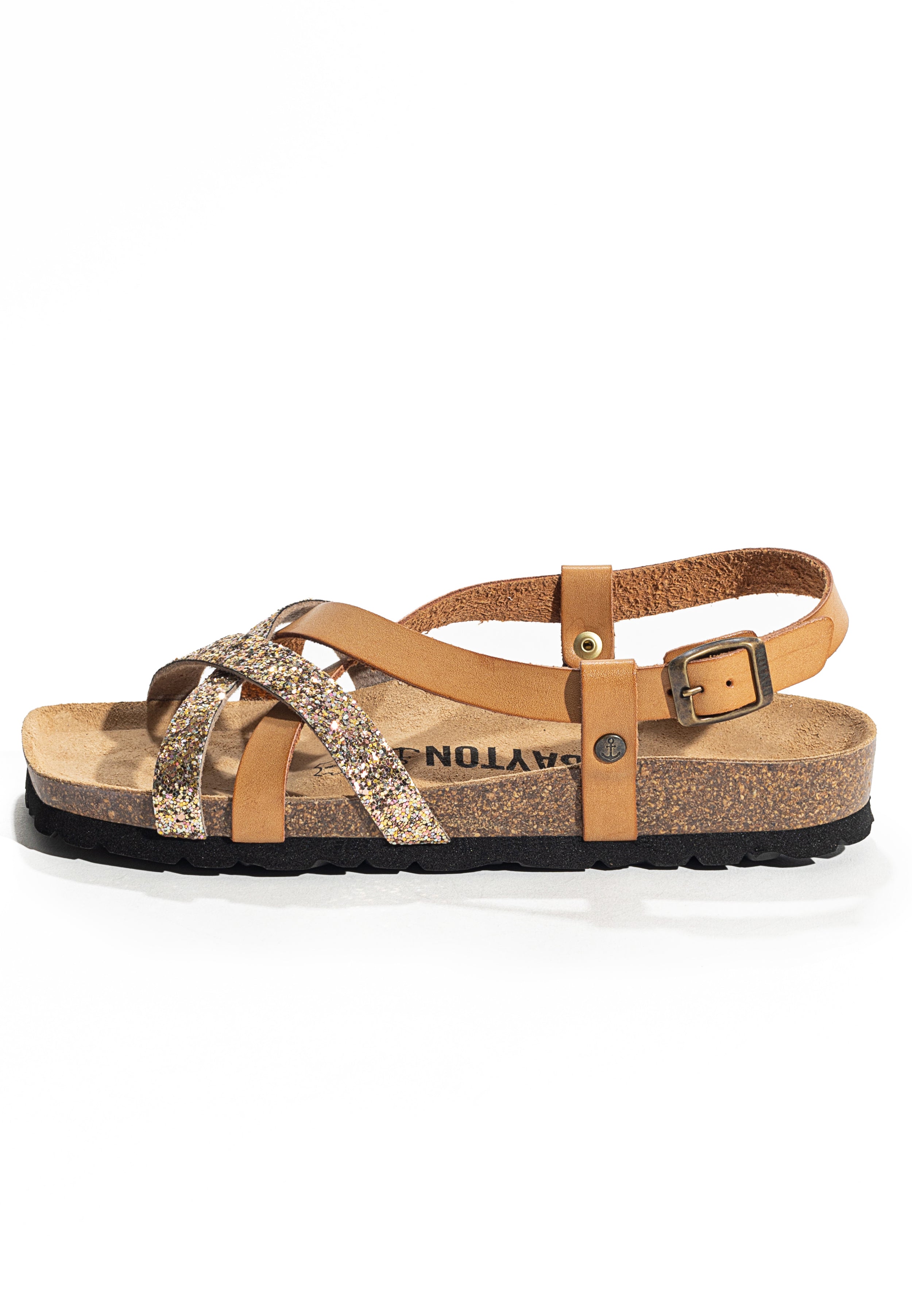 Kari Camel and Sequin Multi-Strap Sandals