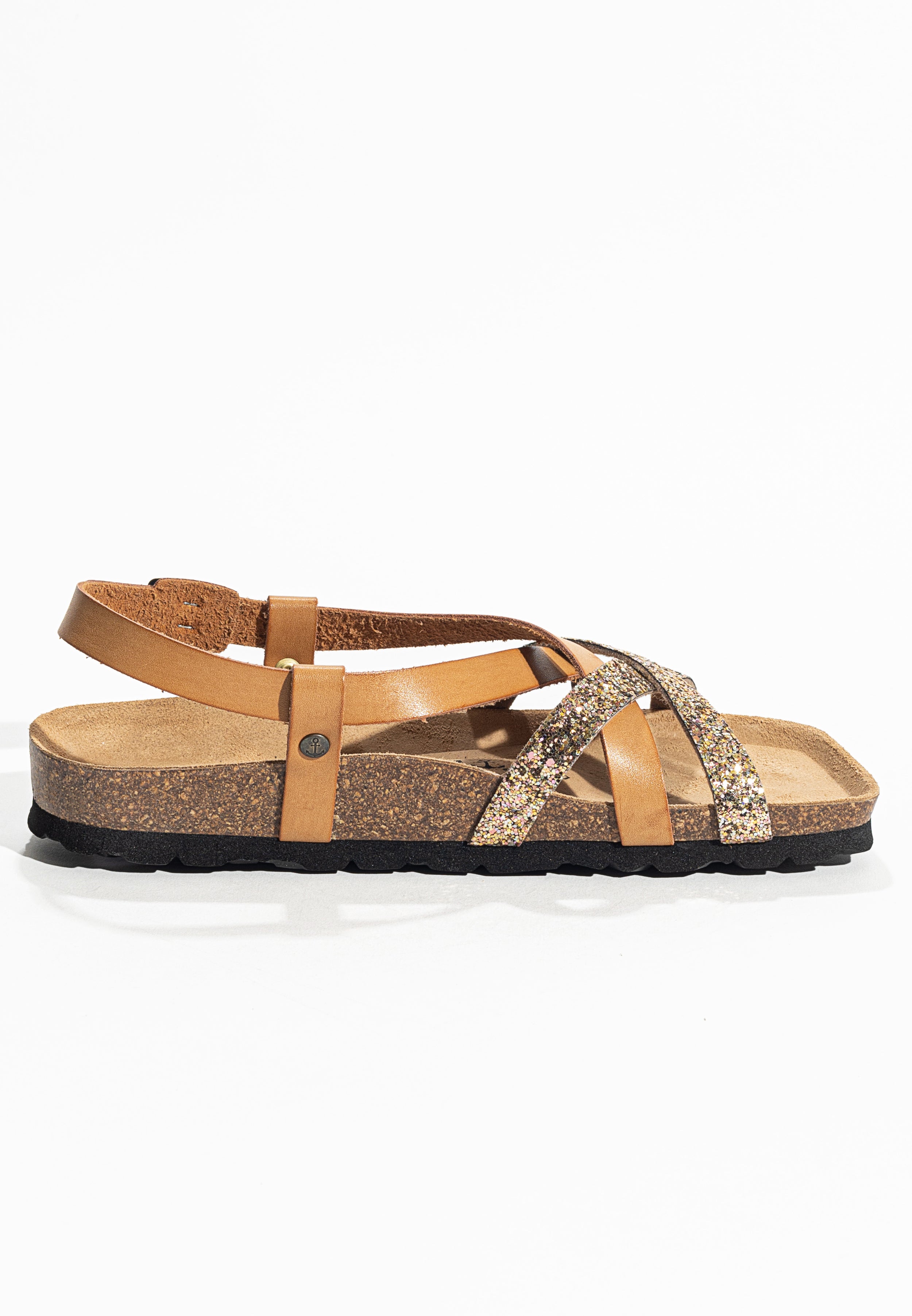 Kari Camel and Sequin Multi-Strap Sandals