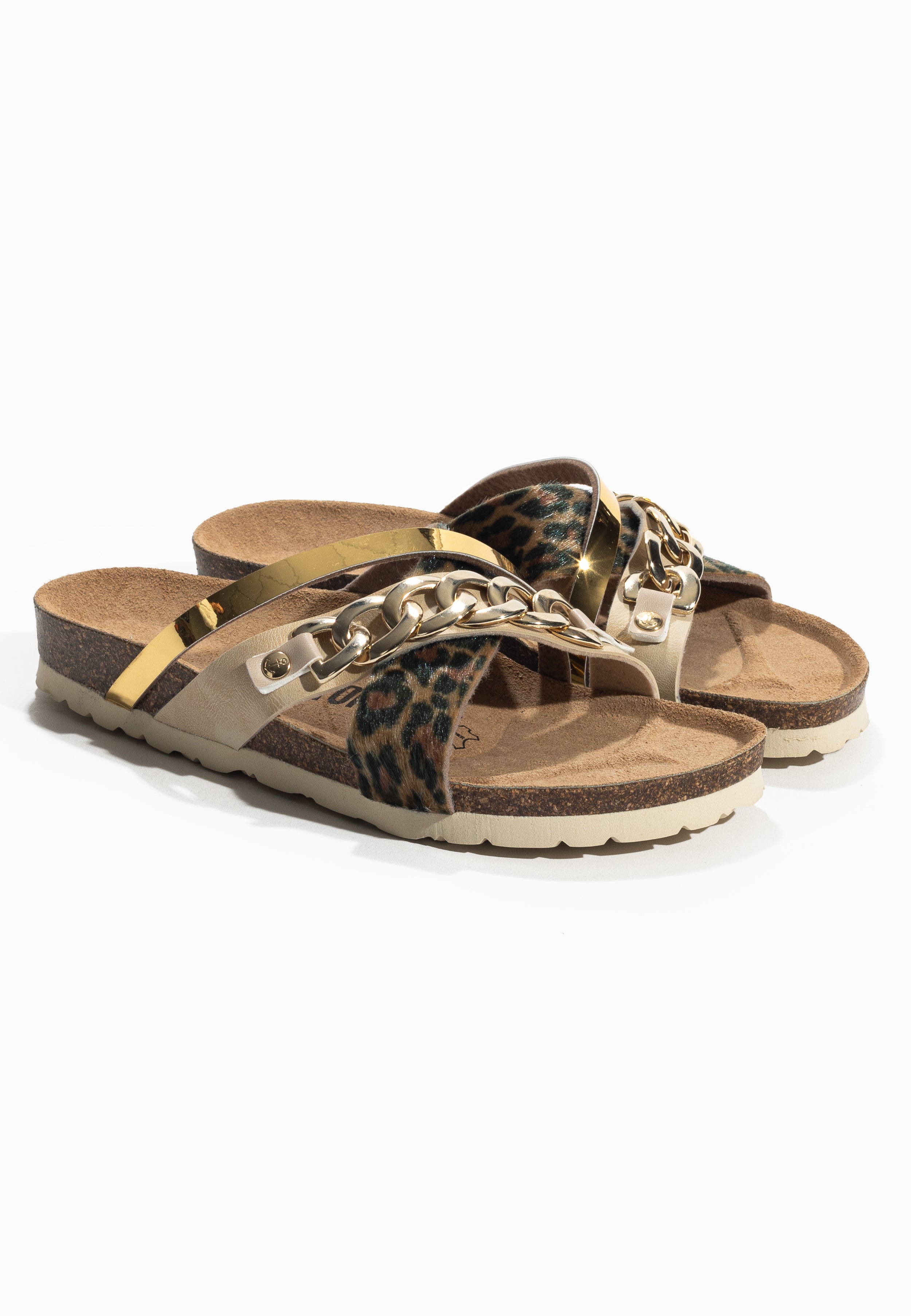 Magritte Beige and Leopard and Gold Multi-Strap Sandals