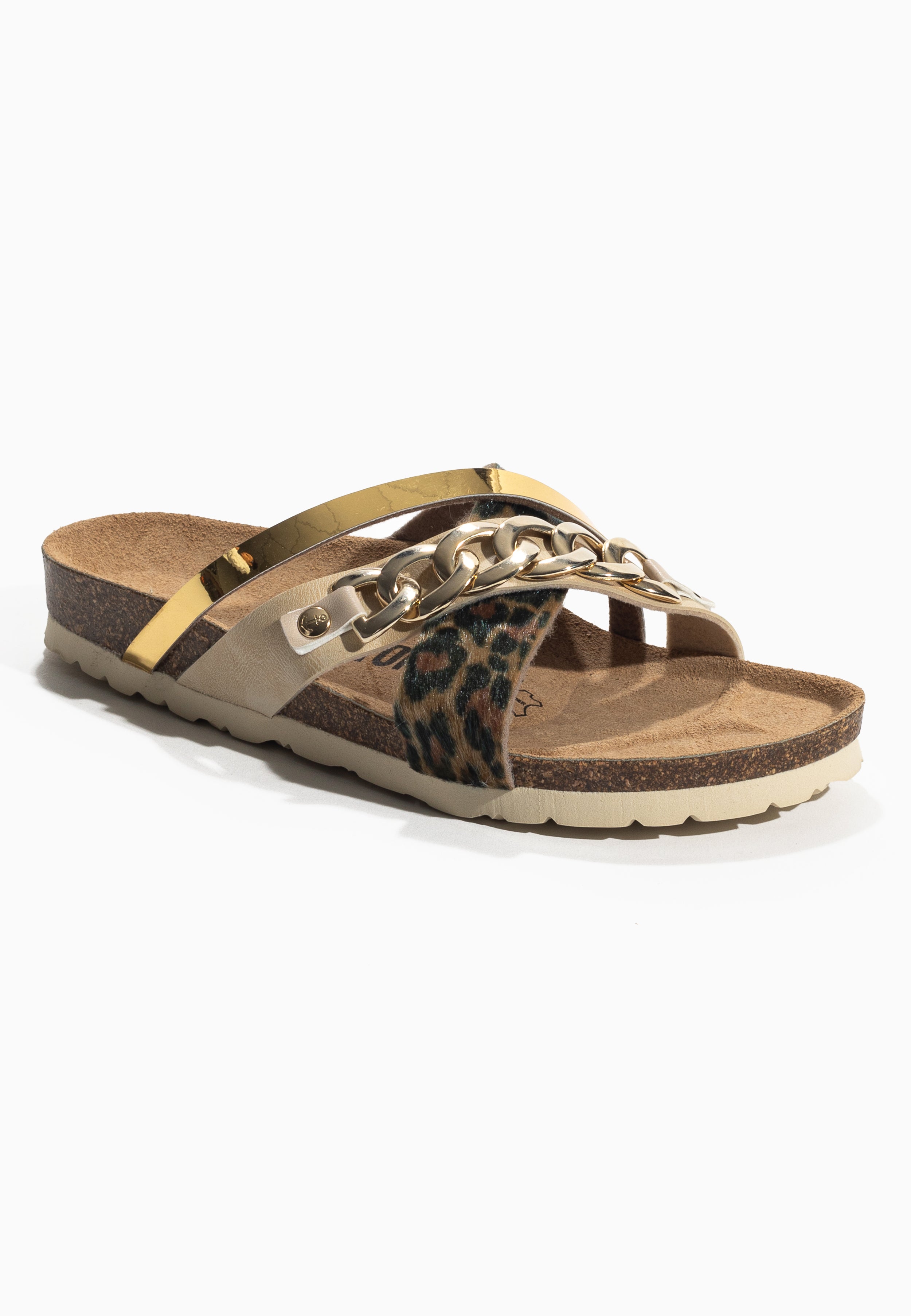 Magritte Beige and Leopard and Gold Multi-Strap Sandals