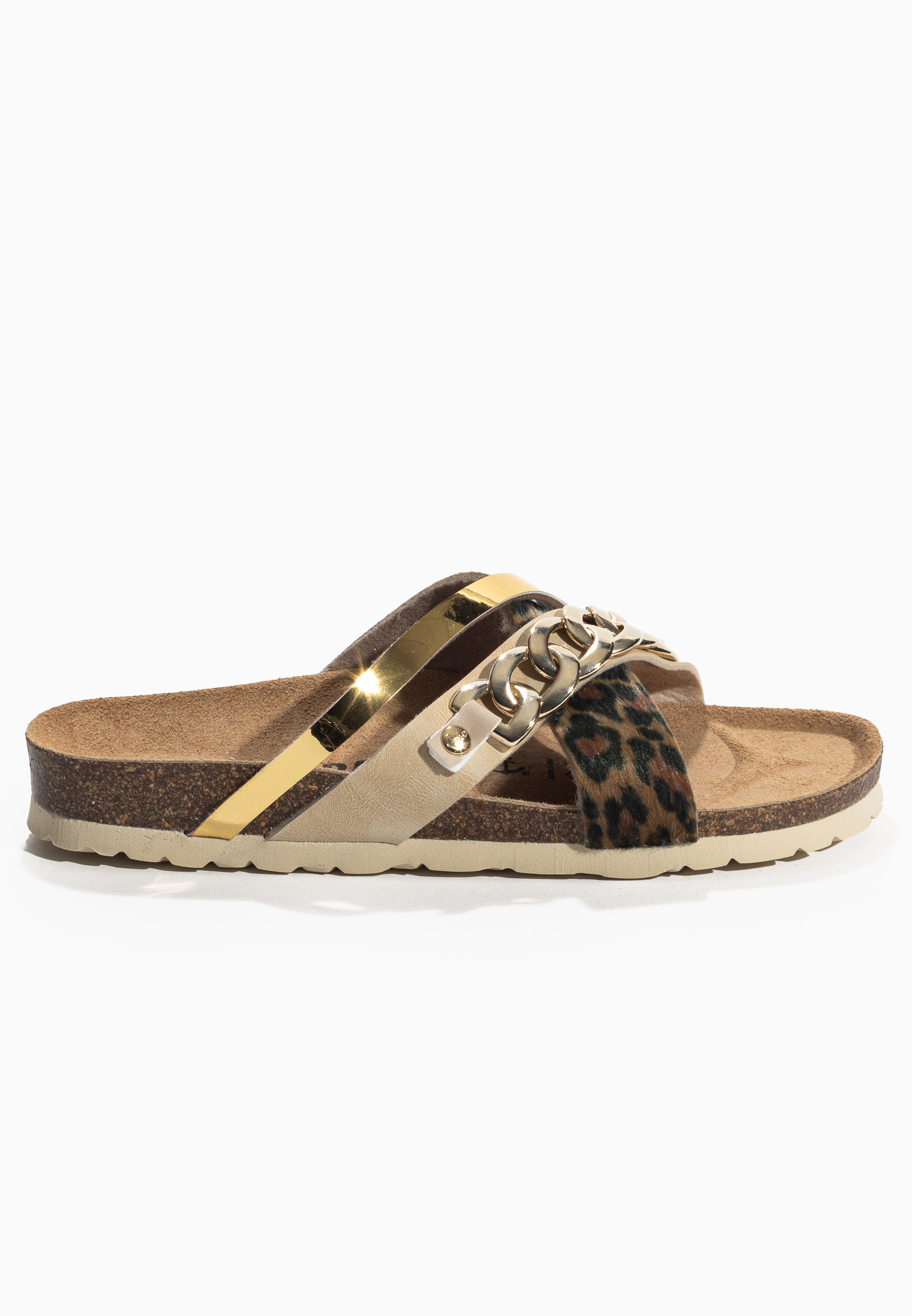 Magritte Beige and Leopard and Gold Multi-Strap Sandals